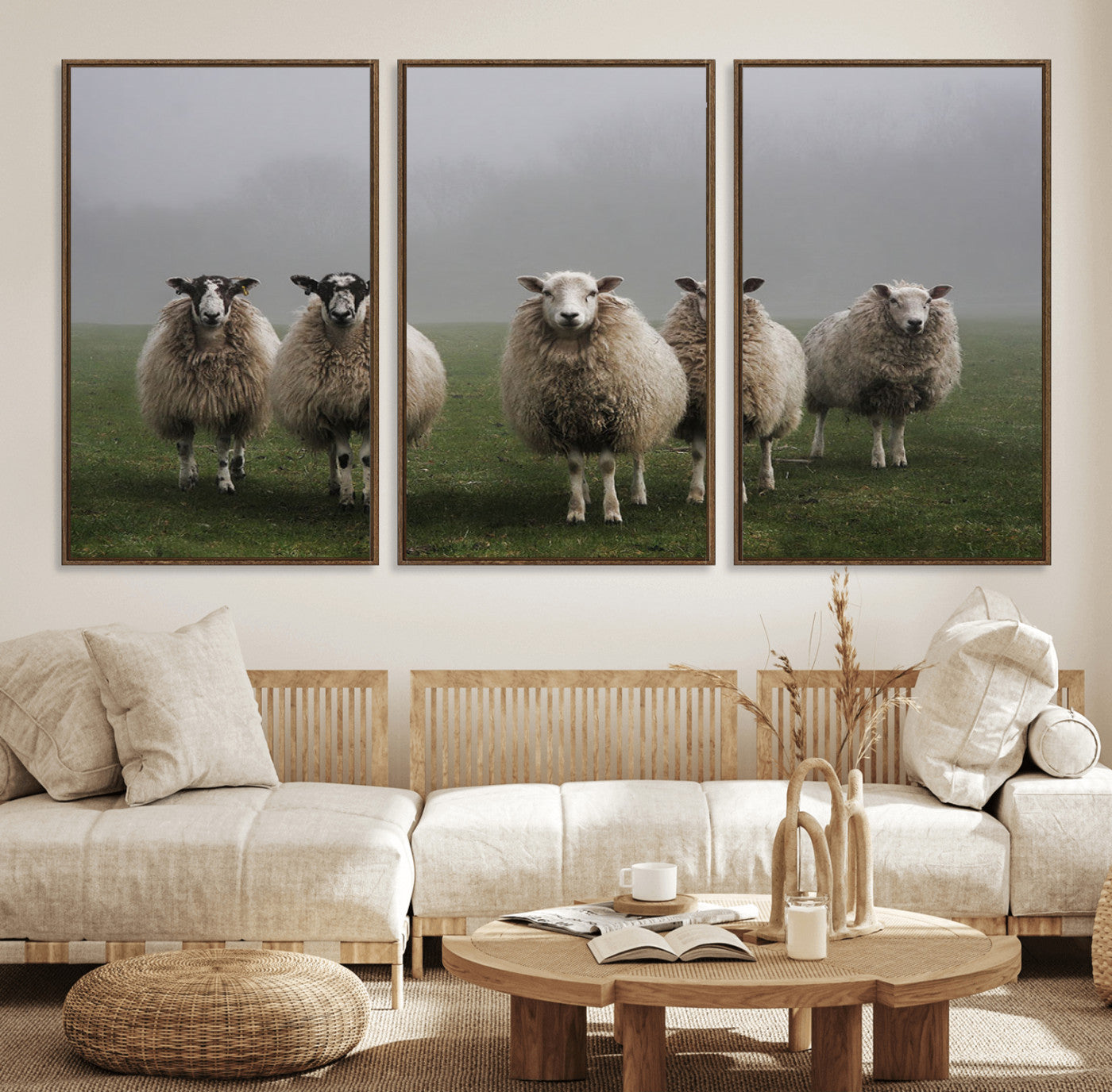 -Flock of Sheep in a Mystical Fog – Pastoral Wall Art Canvas Print, Framed, Ready to Hang