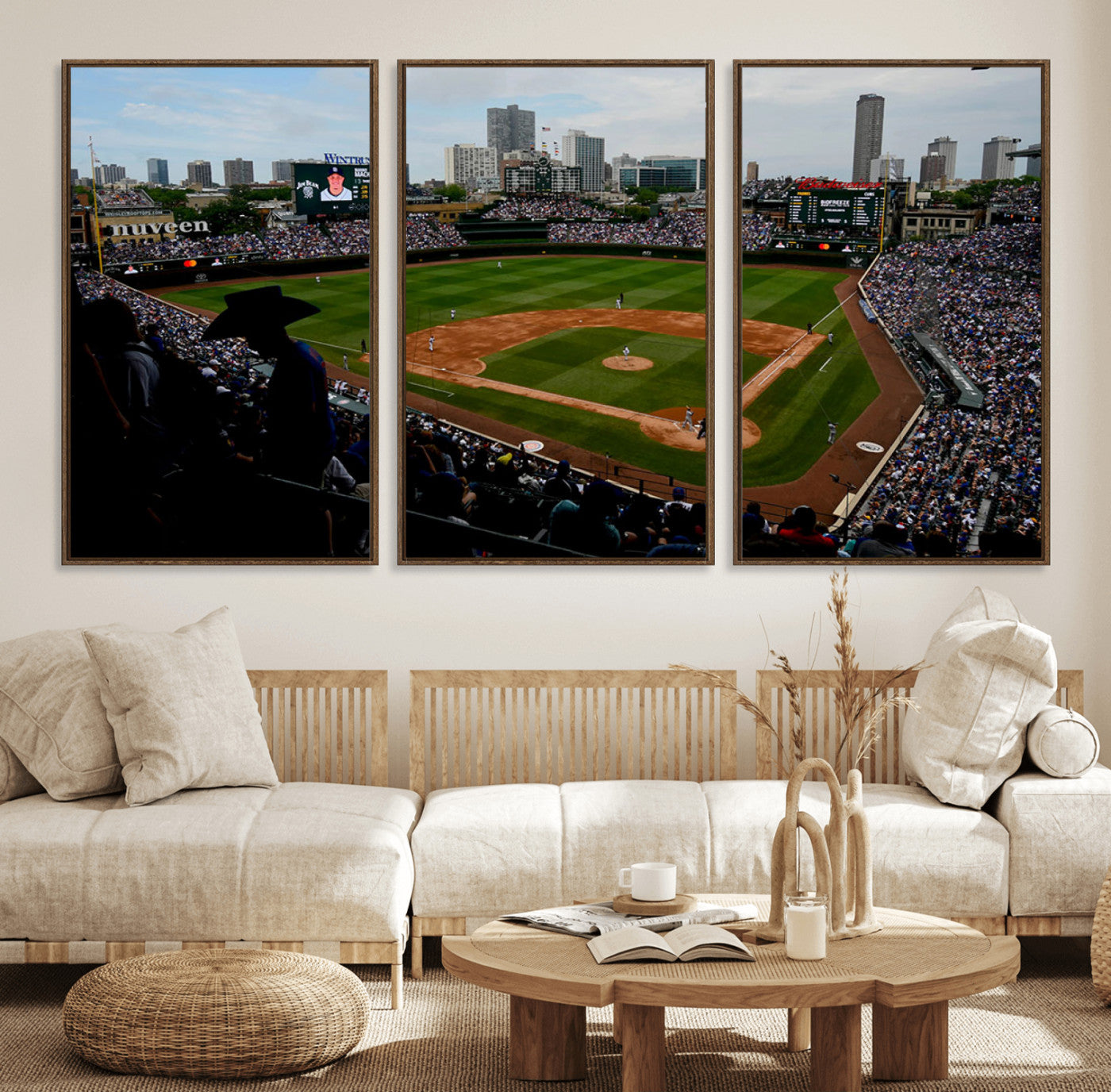 34859-MGV-FC-60X30-3P_Walnut-Chicago Cubs Baseball Team Print - Wrigley Field Stadium Wall Art Canvas Print