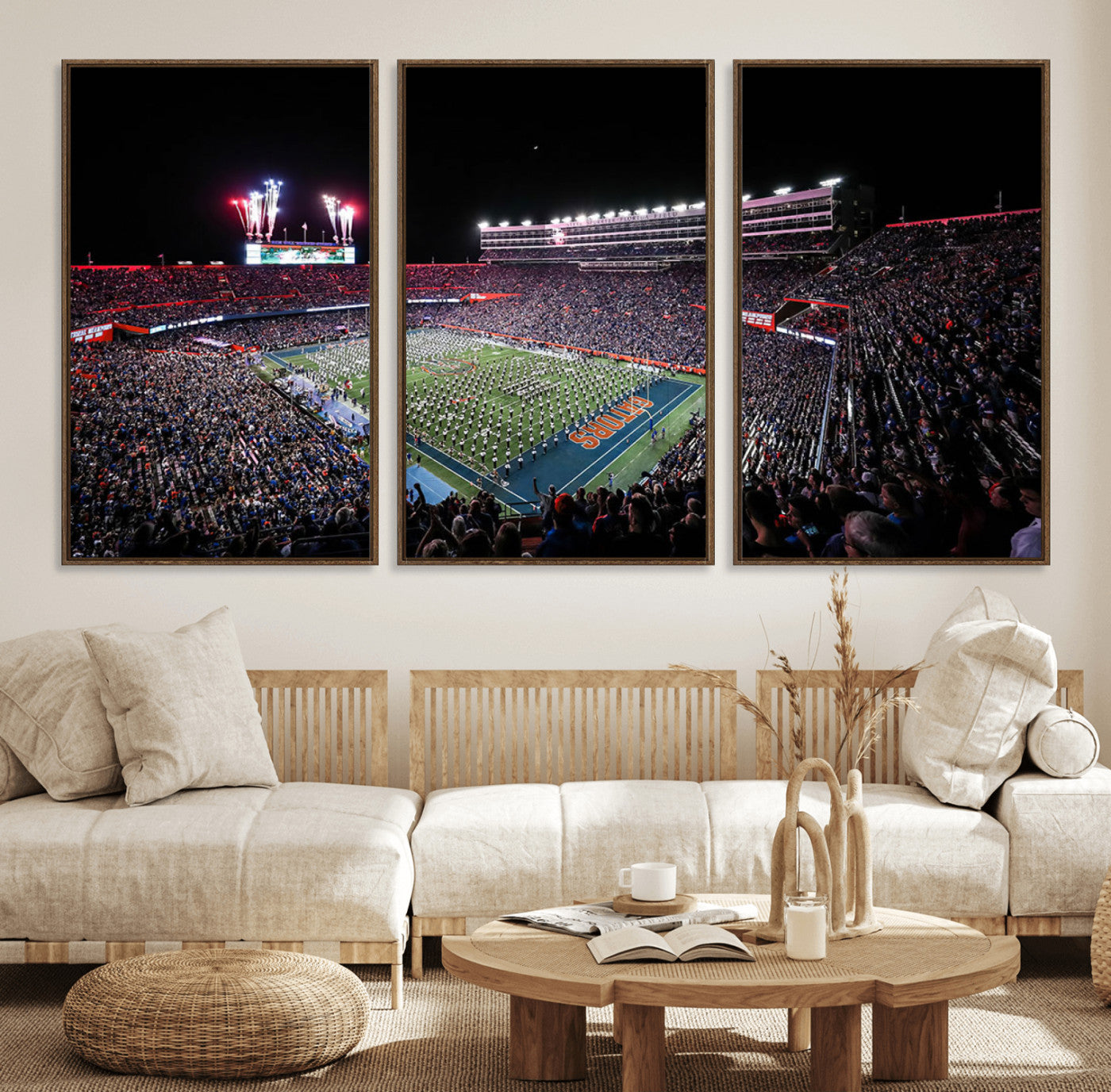 46899-MGV-FC-60X30-3P_Walnut-Ben Hill Griffin Stadium Night Game Triple Canvas Wall Art - Florida Gators Football Match