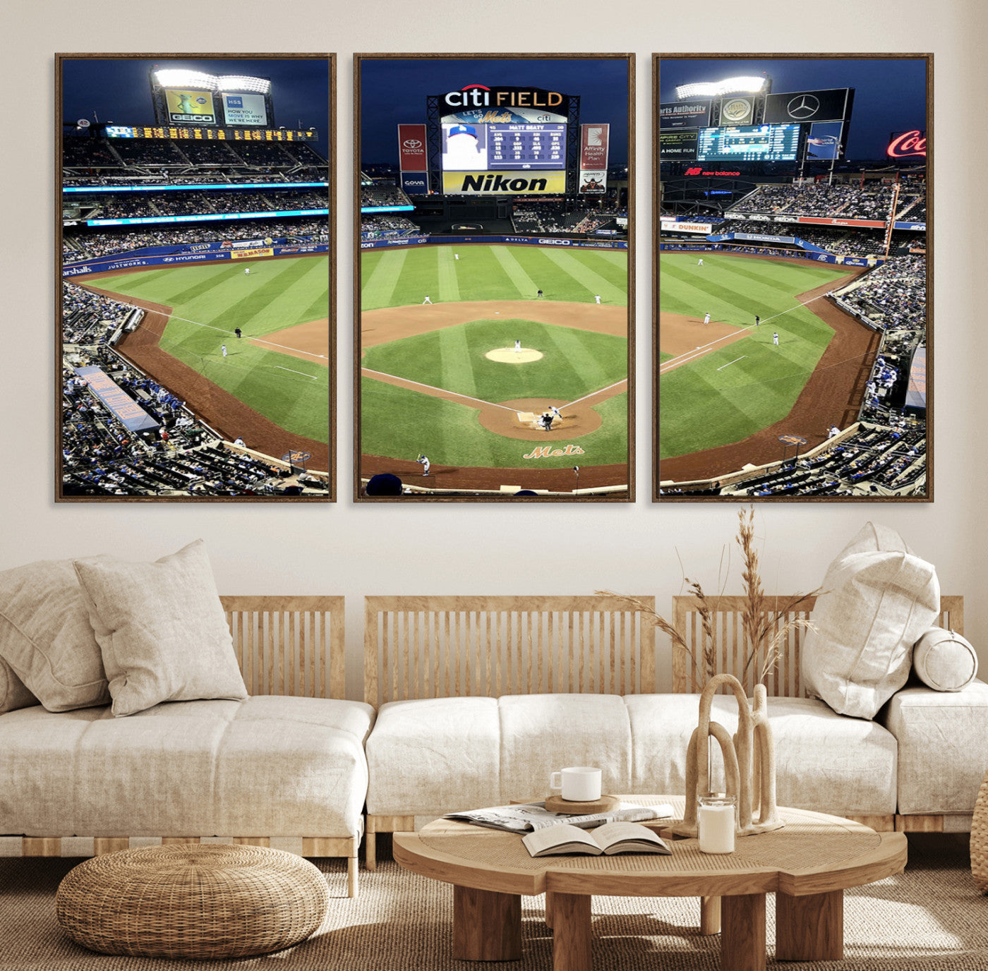 87666-MGV-FC-60X30-3P_Walnut-Citi Field Wall Art Print | 3-Panel New York Mets Baseball Stadium Canvas Print | Framed Sports