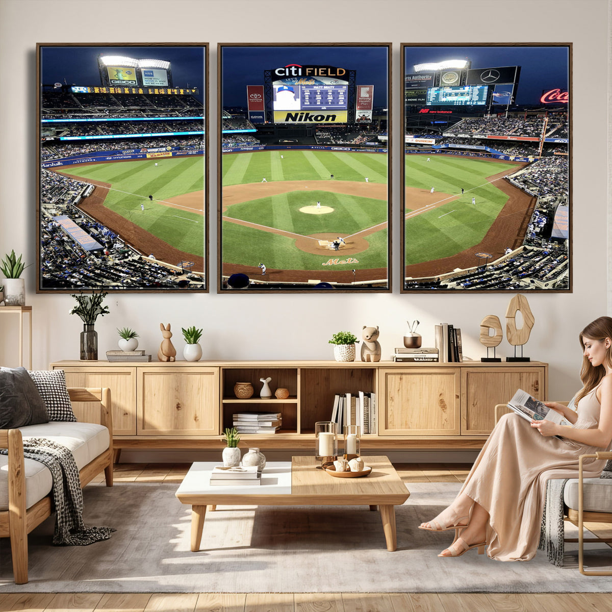 87666-MGV-CV-36X24 - Citi Field Wall Art Print | 3-Panel New York Mets Baseball Stadium Canvas Print | Framed Sports