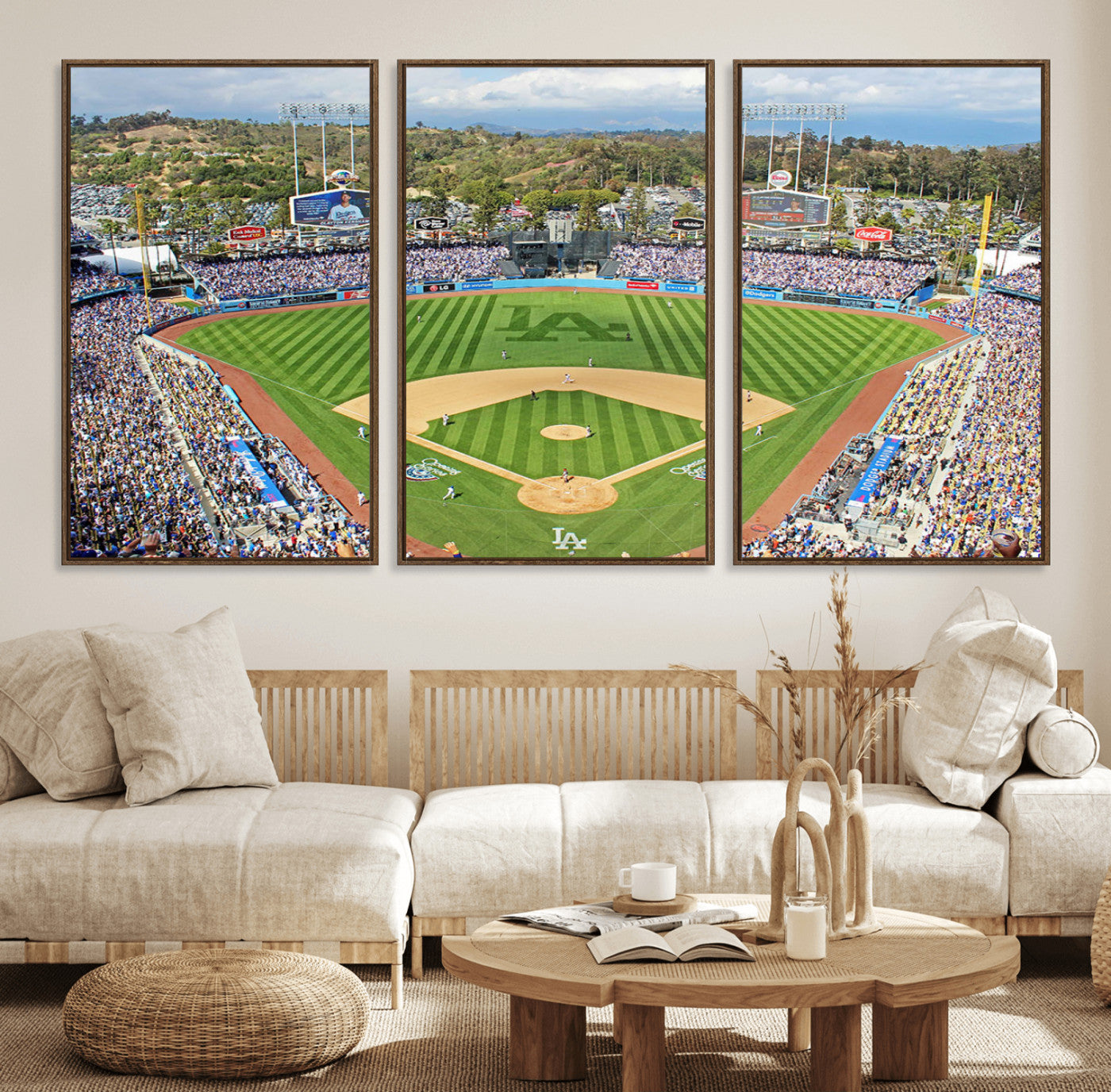 34760-MGV-FC-60X30-3P_Walnut-Citi Field Wall Art Print | 3-Panel New York Mets Baseball Stadium Canvas Print | Framed Sports