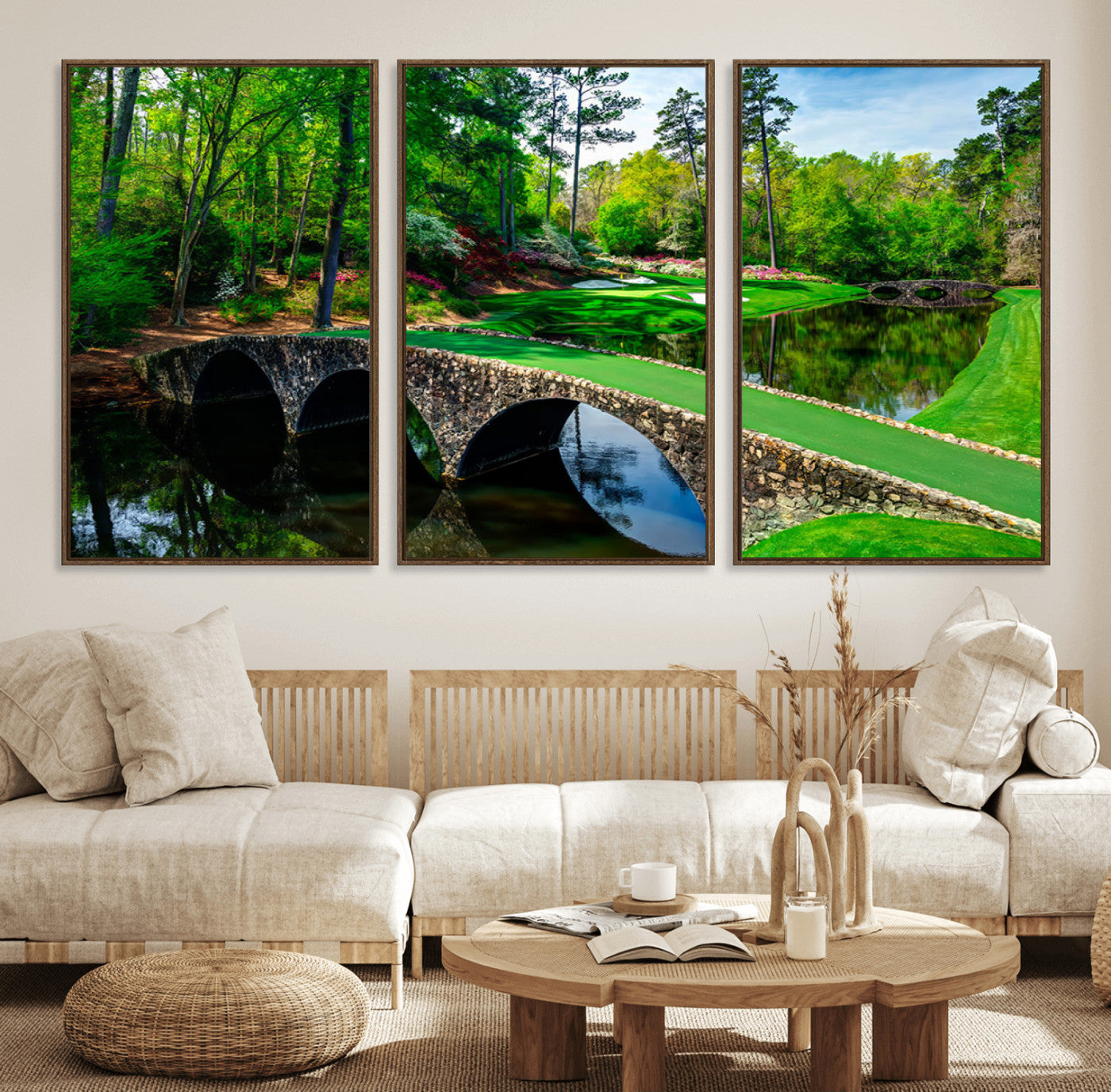 MGV-FC-60X30-3P - Augusta National Golf Club Wall Art - Panoramic Bridge & Lush Greenery – Premium Framed,