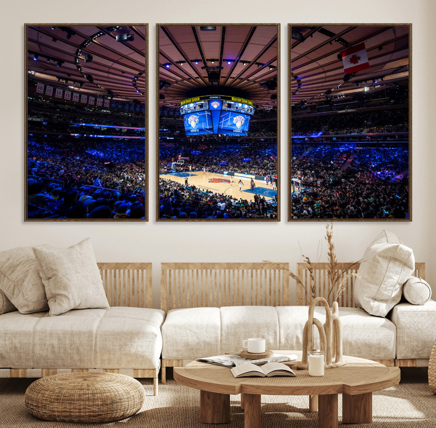 20491-MGV-FC-60X30-3P_Walnut-Madison Square Garden Basketball Print Canvas- Madison Square Garden Basketball Game Triple Canvas