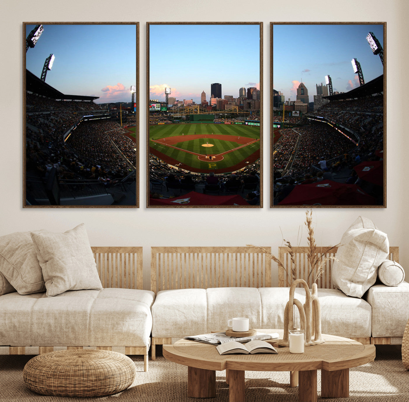 67670-MGV-FC-60X30-3P_Walnut-PNC Park Evening Game Triple Canvas Wall Art - Pittsburgh Pirates MLB Match - PNC Park Stadium Wall