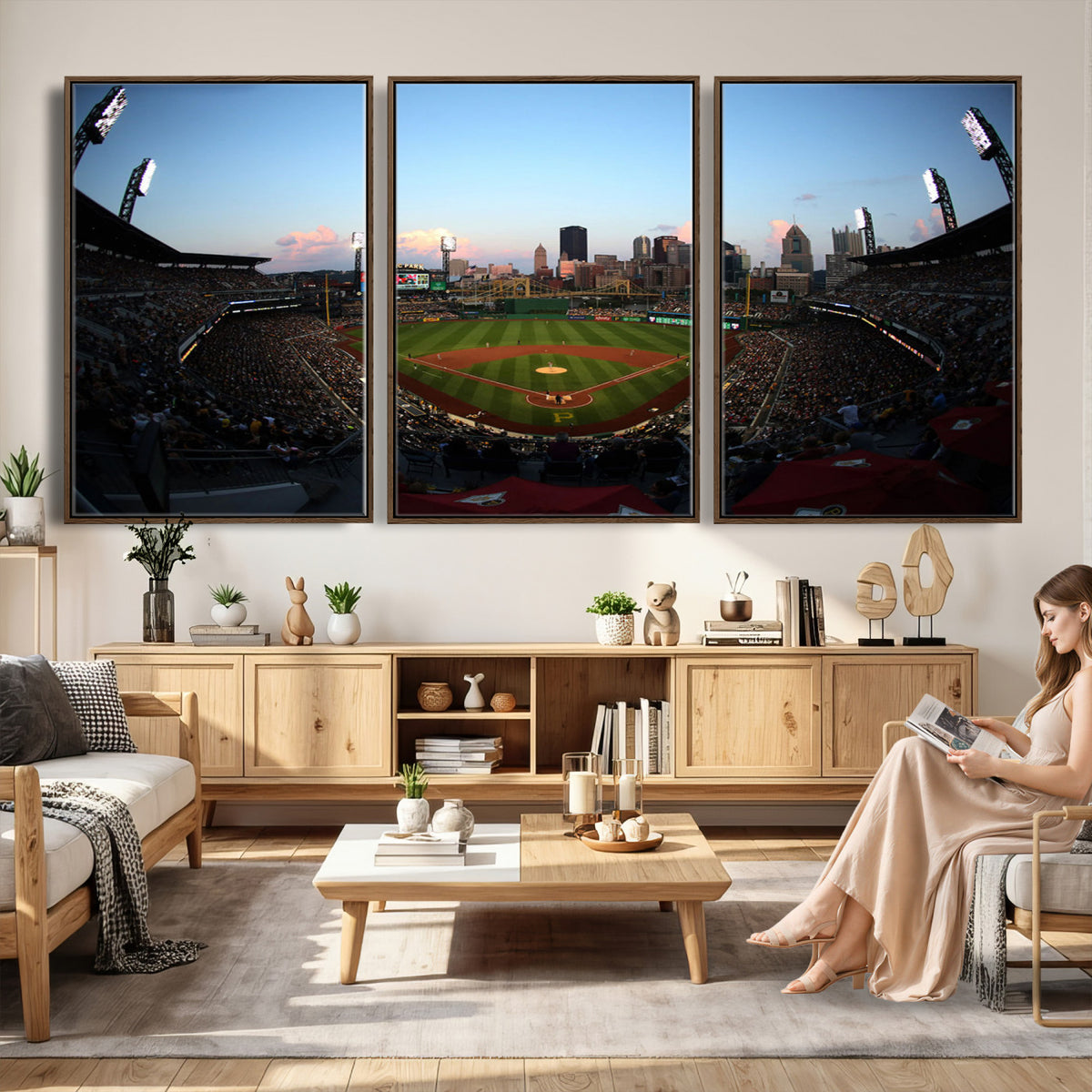 67670-MGV-CV-36X24 - PNC Park Evening Game Triple Canvas Wall Art | Pittsburgh Pirates MLB Stadium