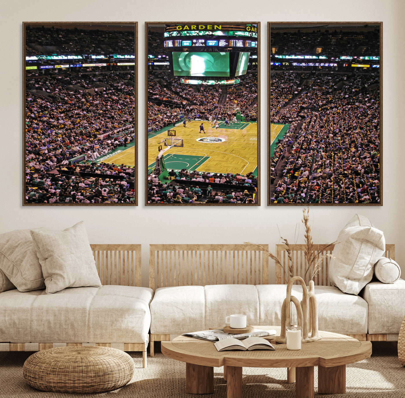 21705-MGV-FC-60X30-3P_Walnut-TD Garden Basketball Canvas Wall Art - Boston Celtics Live Action - Framed - Ready to Hang