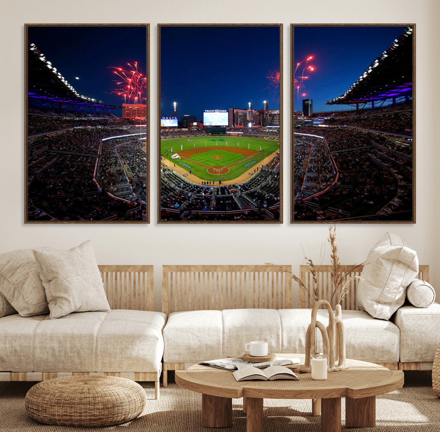 50582-MGV-FC-60X30-3P_Walnut-Truist Park Atlanta Braves Baseball Stadium Wall Art Print | Large 3-Panel Canvas Print for Sports