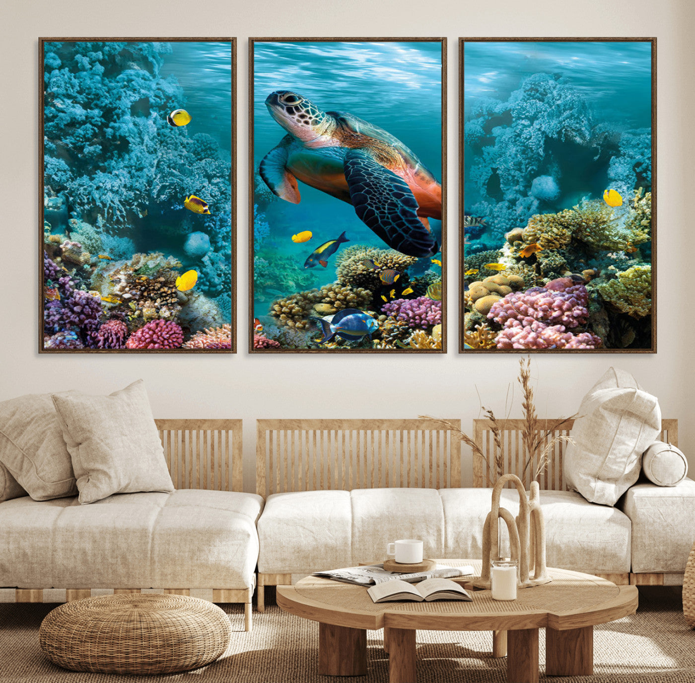 38661-MGV-FC-60X30-3P_Walnut-Sea Turtle and Coral Reef Triptych Wall Art – Vibrant Underwater Scene Canvas Set for Ocean Lovers