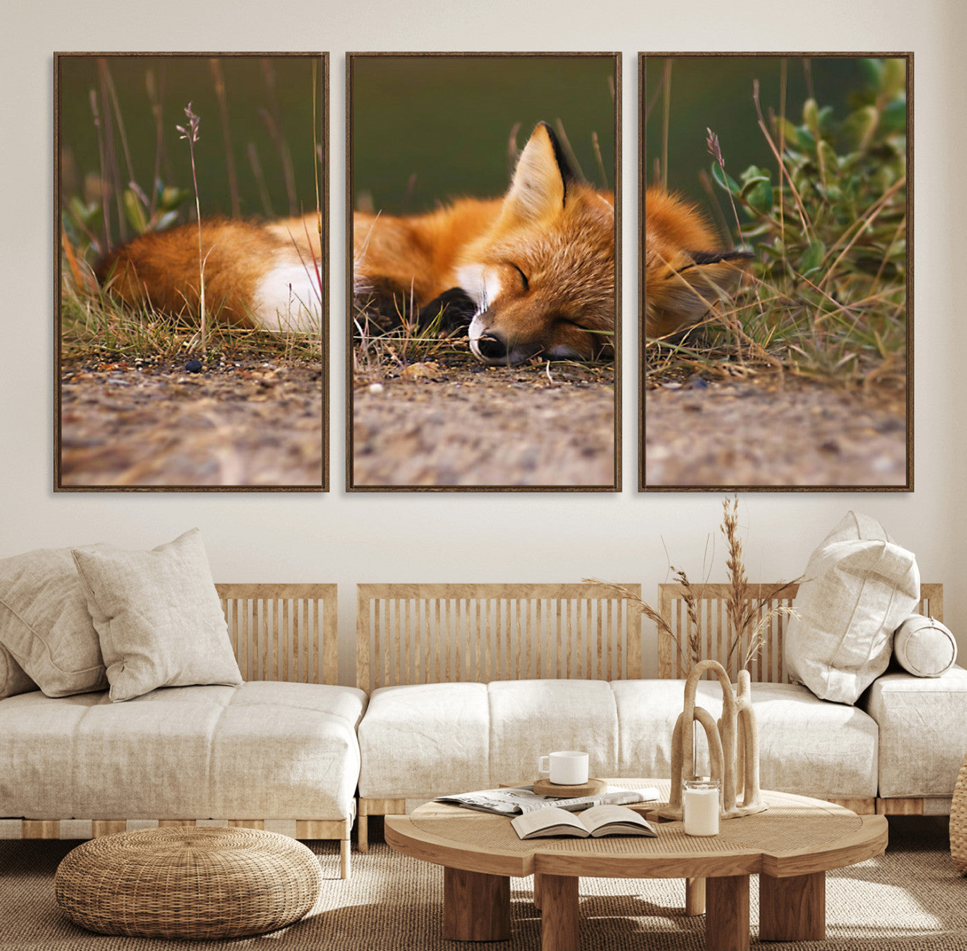 25085-MGV-FC-60X30-3P_Walnut-Sleeping Fox Wall Art Canvas Print, Farmhouse Wall Decor and Animal Wall Art Print