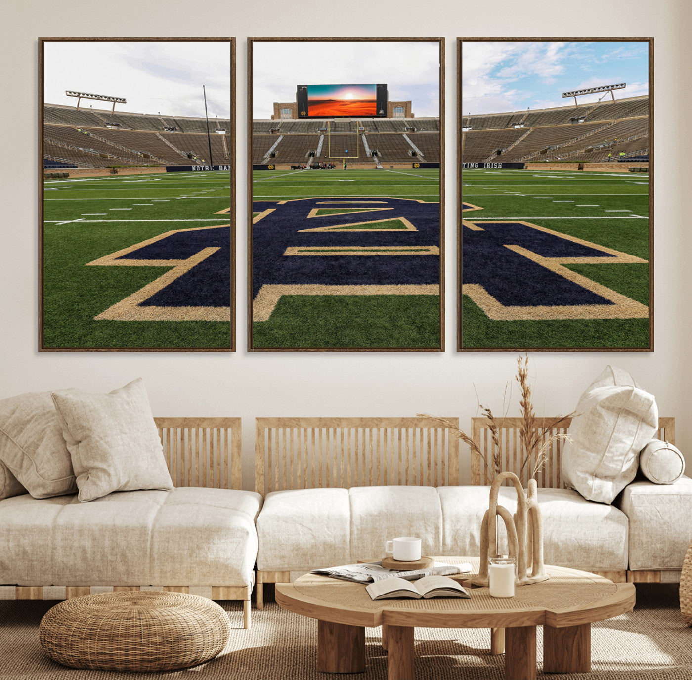 52835-MGV-FC-60X30-3P_Walnut-Notre Dame Stadium Giclee Canvas Print | Triptych Wall Art Featuring Iconic Notre Dame Football