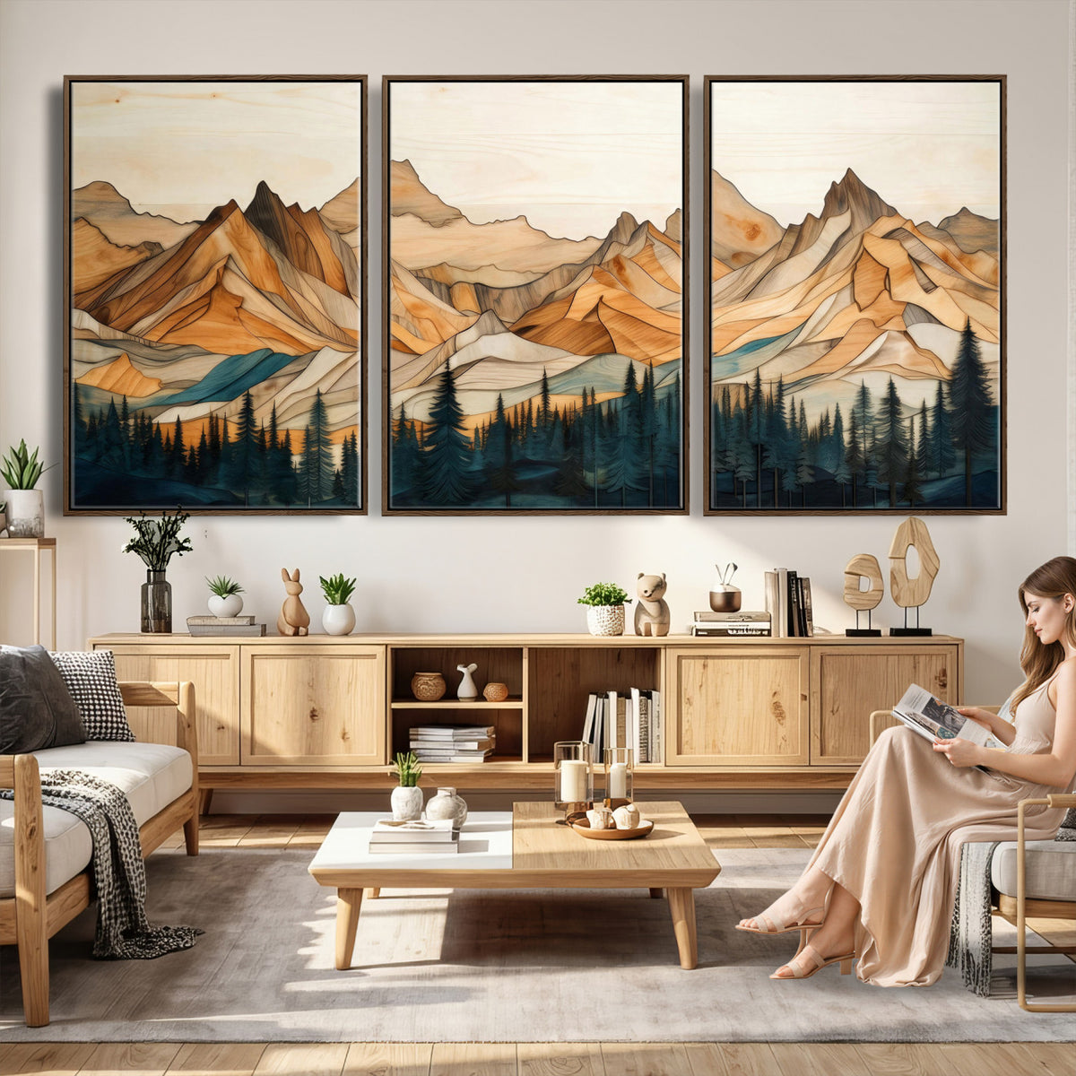 31576-PAN-FL-20X10 - Rustic Wood Mountain Wall Art Print | Triptych Giclee Print Featuring Handcrafted Forest and