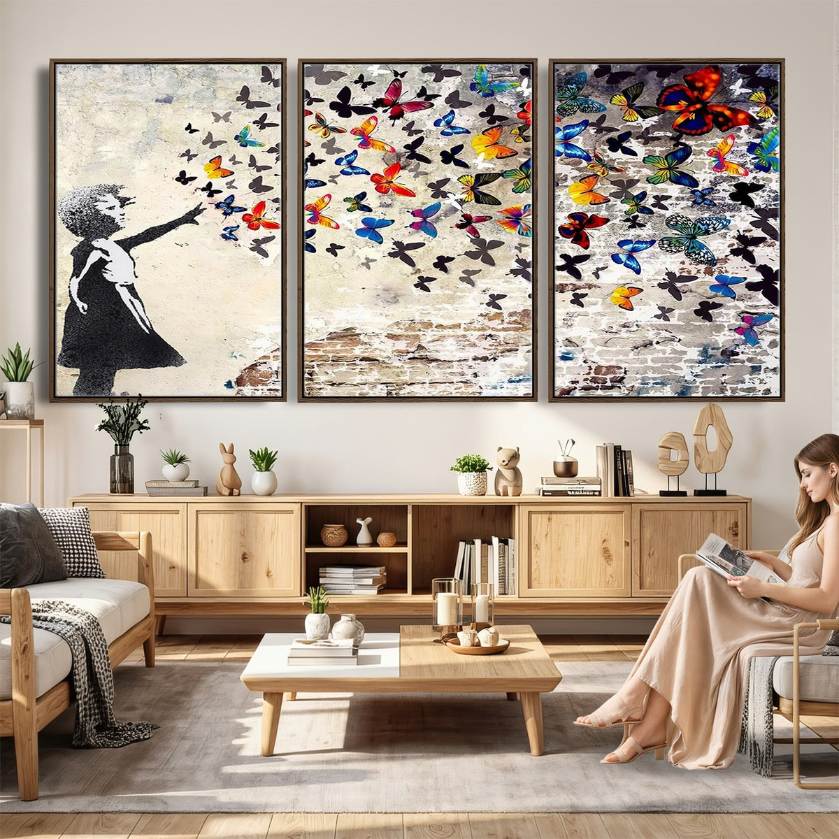 97895-MGV-CV-24X16 - Banksy Graffiti Wall Art Canvas Print, Girl Releasing Vibrant Butterflies