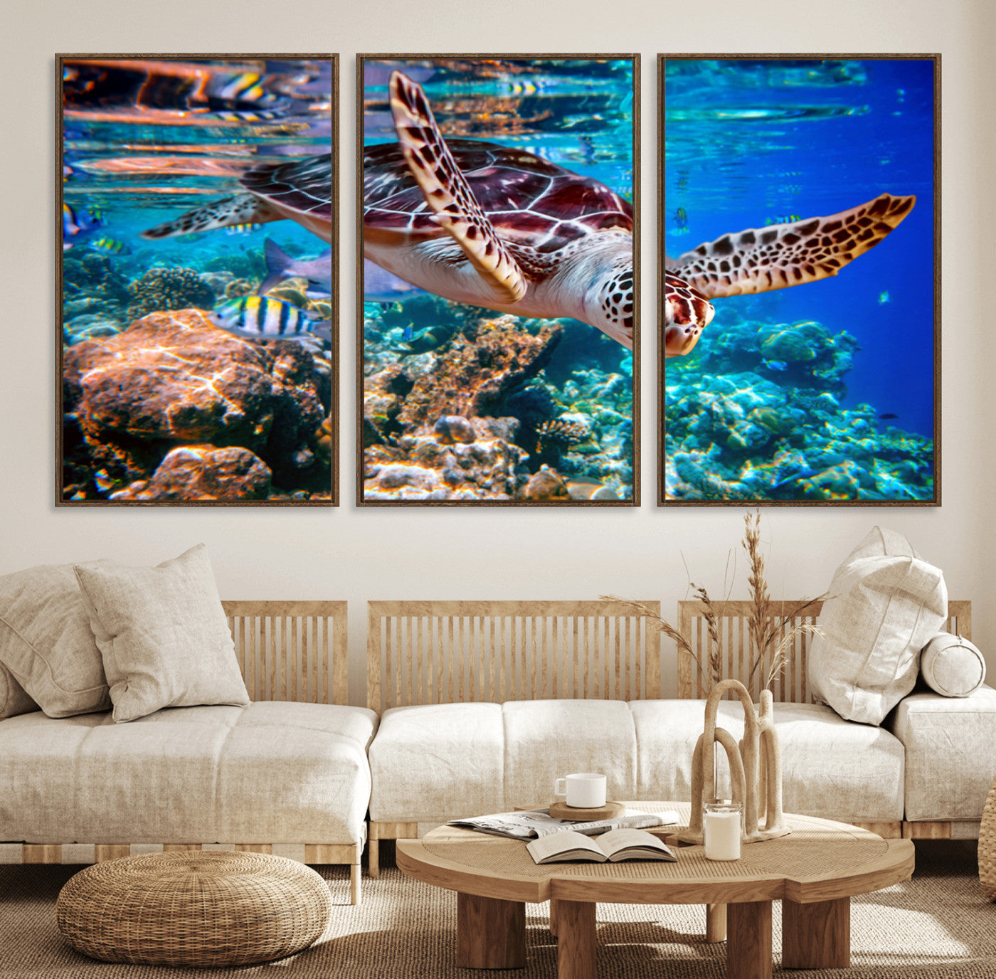 88200-MGV-FC-60X30-3P_Walnut-Underwater Coral Reef Sea Turtle Wall Art Canvas Print, Vibrant Marine Life | Colorful Ocean Scene