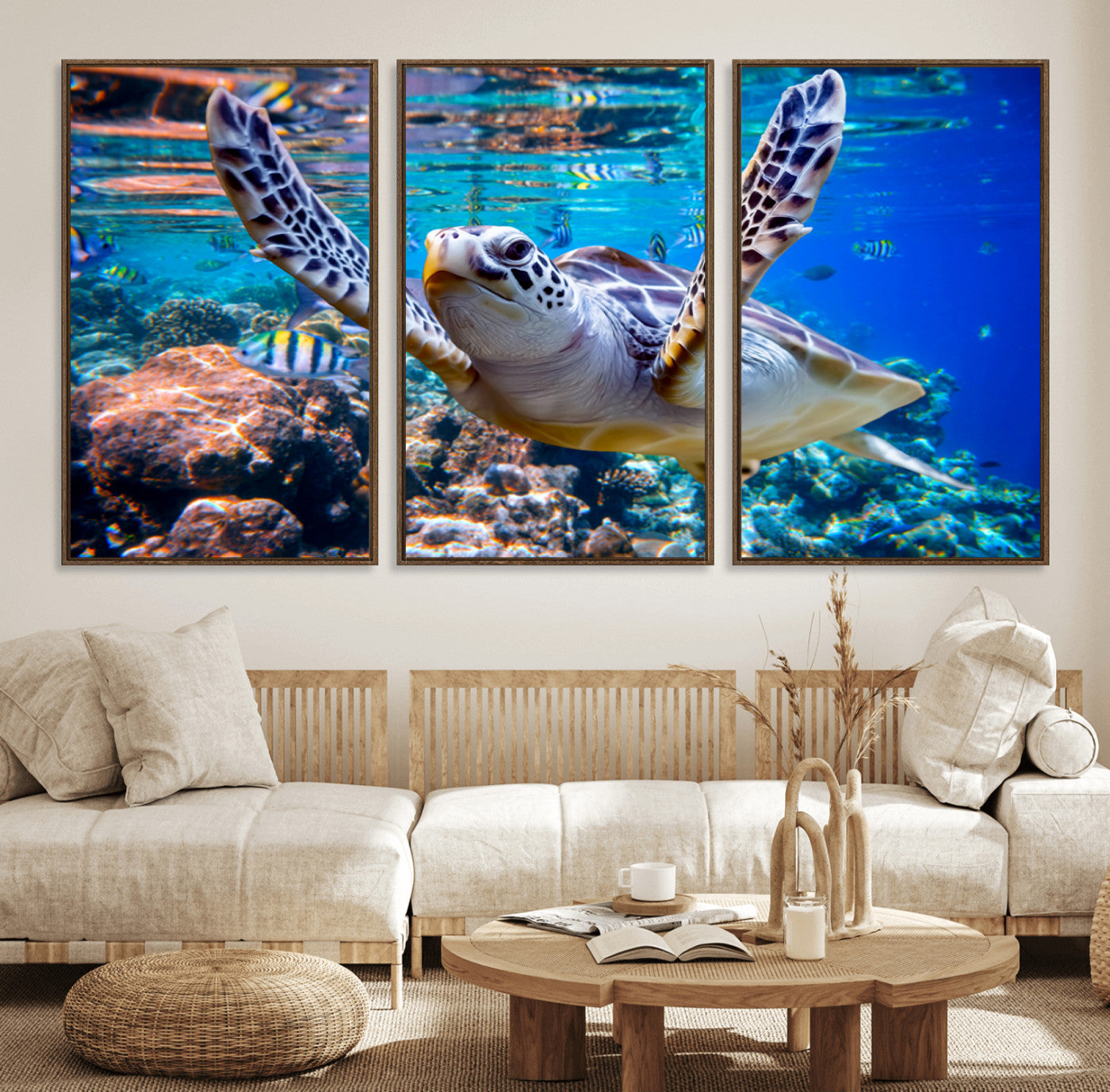 12683-MGV-FC-60X30-3P_Walnut-Underwater Sea Turtle Wall Art Canvas Print – Vibrant Ocean Coral Reef Décor, Ready to Hang