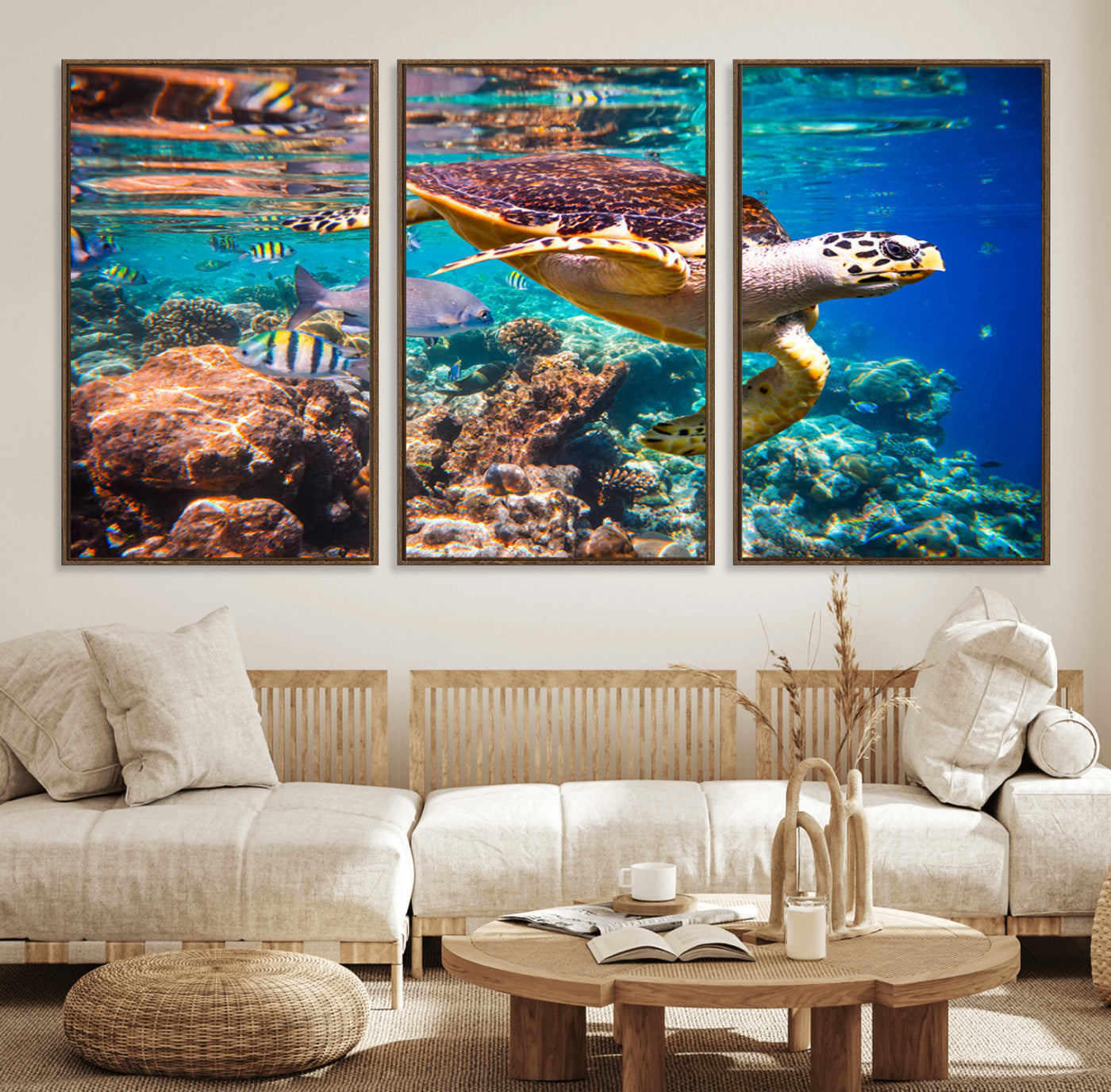 66614-MGV-FC-60X30-3P_Walnut-Sea Turtle Wall Art Canvas Print – Vibrant Ocean Coral Reef Décor, Ready to Hang