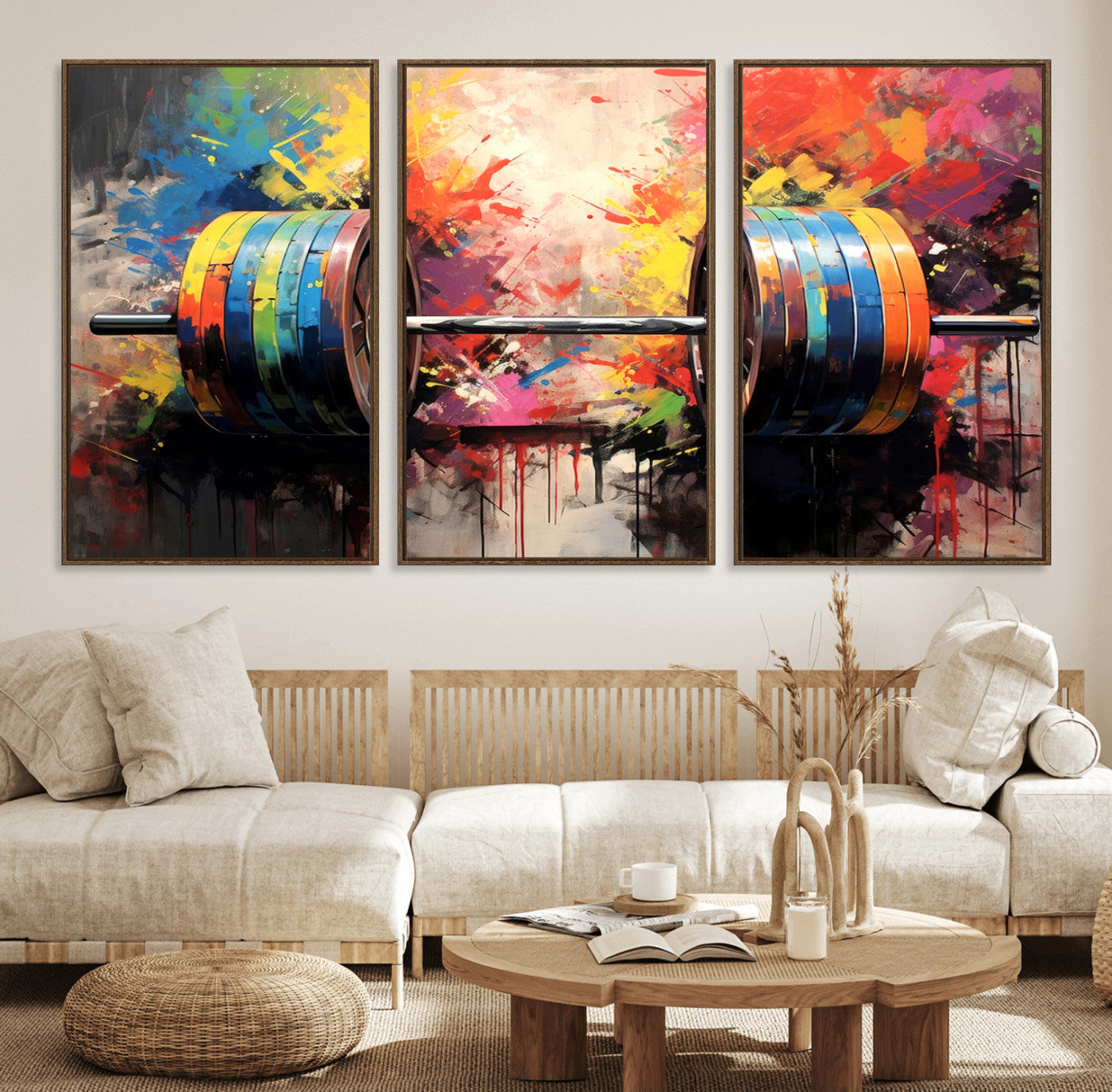 MGV-FC-60X30-3P - Weightlifting Barbell Art Triptych, Bold Abstract Fitness Wall Decor for Gym or Home, Giclee Canvas Print