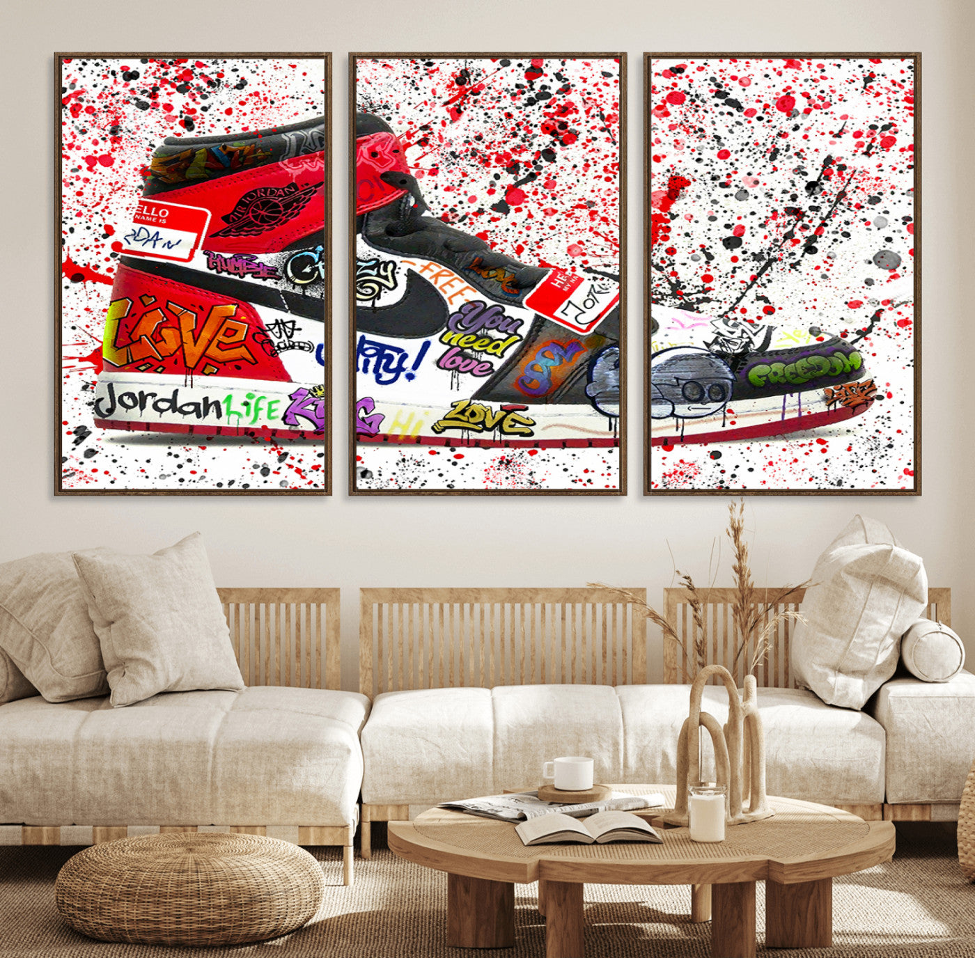 38836-MGV-FC-60X30-3P_Walnut-Jordan Shoes Graffiti Wall Art Canvas Print- Jordan Graffiti Canvas Wall Art - Framed Perfect for