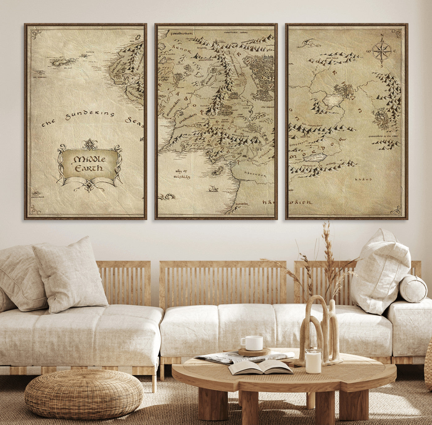 21784-MGV-FC-60X30-3P_Walnut-Vintage Middle Earth Map Wall Art Canvas – Lord of the Rings Inspired Framed Map Print, Classic Fantasy Decor for Home, Office