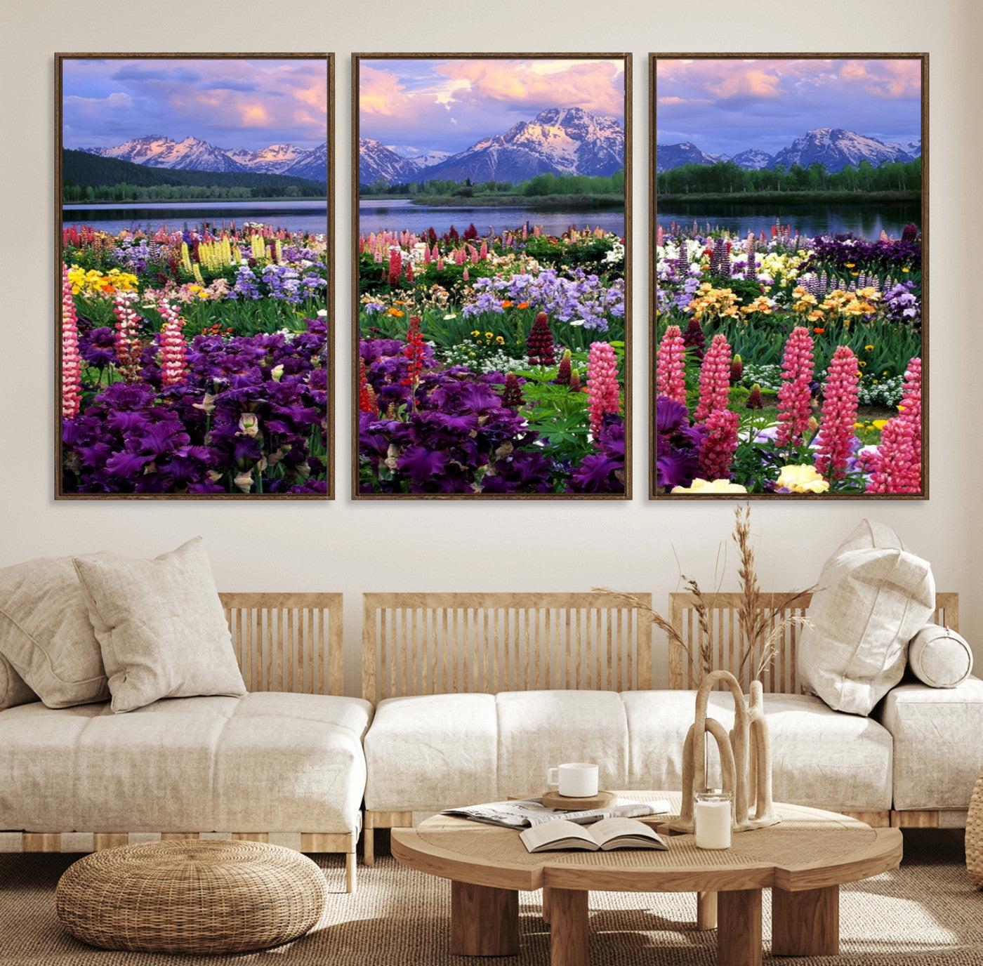 MGV-FC-60X30-3P - Wildflower Canvas Print – Blooming Floral Meadows with Majestic Mountain Backdrop, Ready to Hang