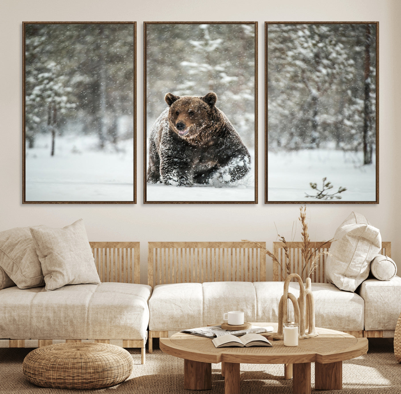 43350-MGV-CV-48X32-3P-Grizzly Bear Wall Art – Framed Snowy Forest Canvas Artwork, Wild Wilderness Design, Rustic Nature Decor for Home, Office