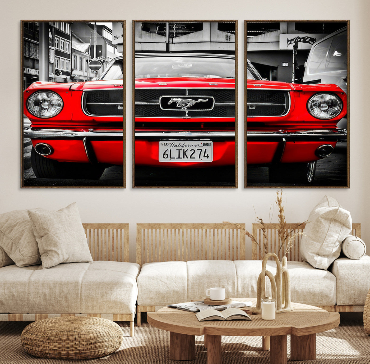 Front view of a bold red 1960s Ford Mustang parked in an urban environment, captured in dramatic contrast with a black-and-white city backdrop, emphasizing its timeless American muscle car identity.