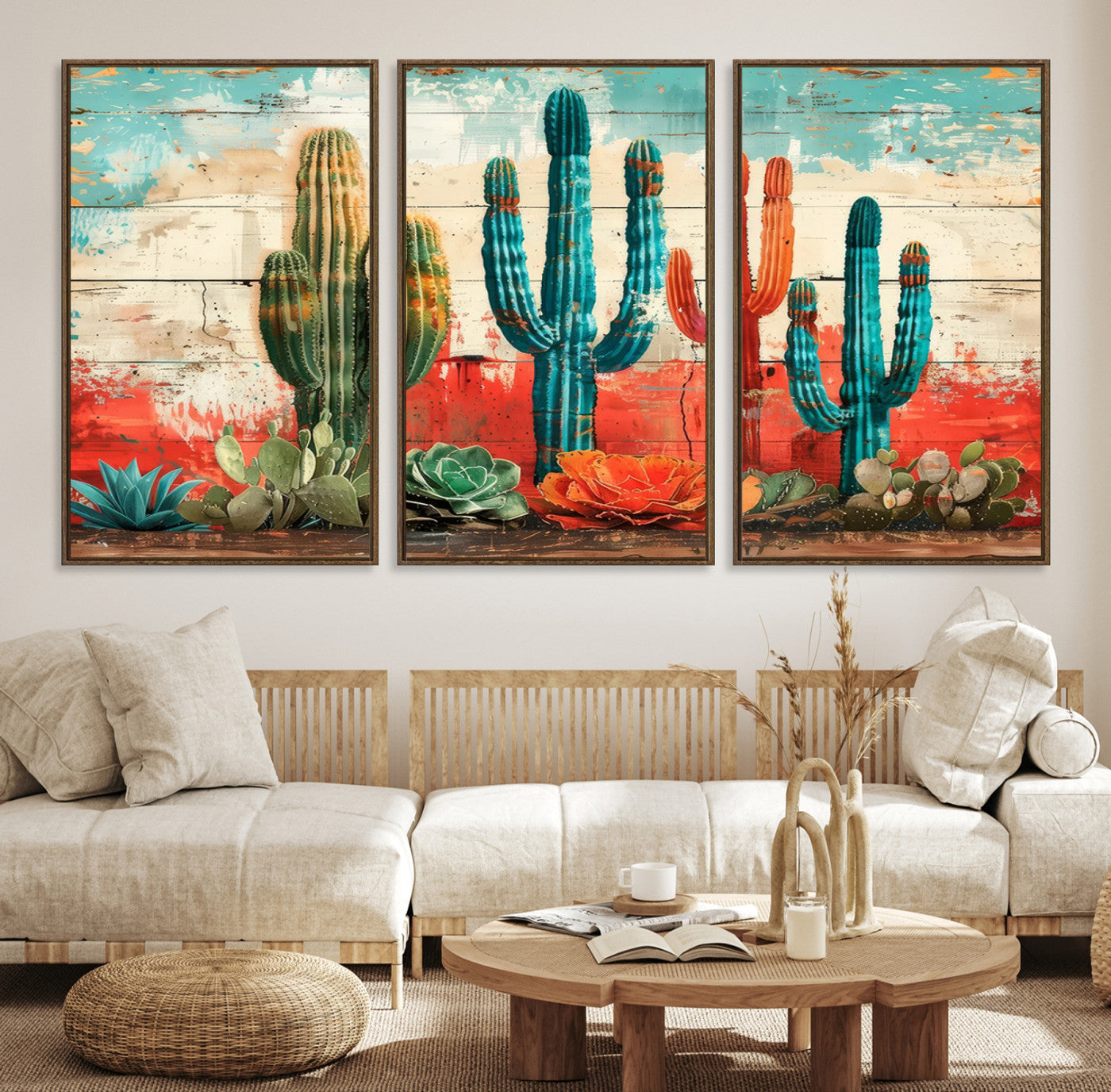 A vivid southwestern-style artwork featuring an eclectic mix of cacti and succulents painted against a textured, rustic wood backdrop in rich turquoise, red, and orange hues.