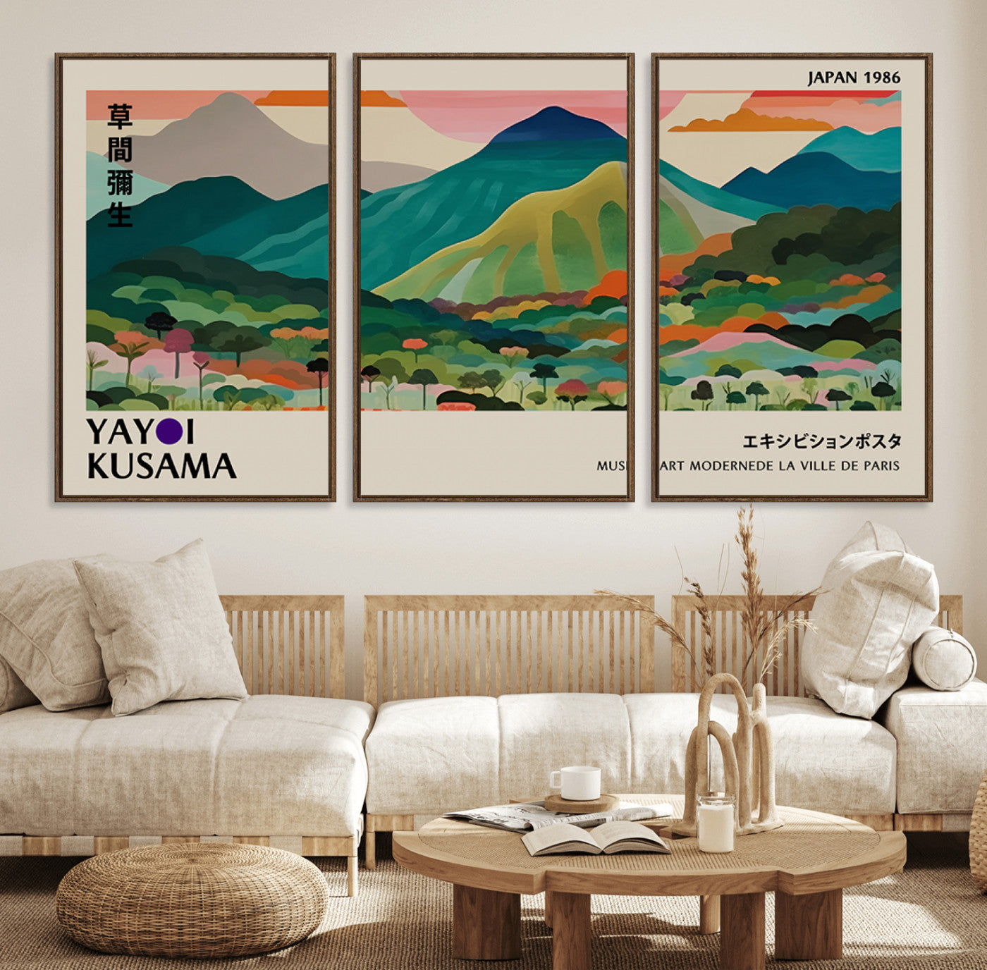 42589-MGV-FC-60X30-3P_Walnut-Yayoi Kusama Wall Art, Yayoi Wall Art Canvas, Vibrant Mountain Landscape Canvas Print with Bold