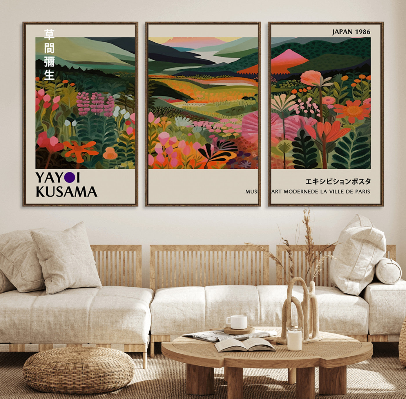 75719-MGV-FC-60X30-3P_Walnut-Yayoi Kusama Japan 1986 Wall Art Canvas Print – Vibrant Abstract Landscape Japanese Artwork for Home, Office Decor