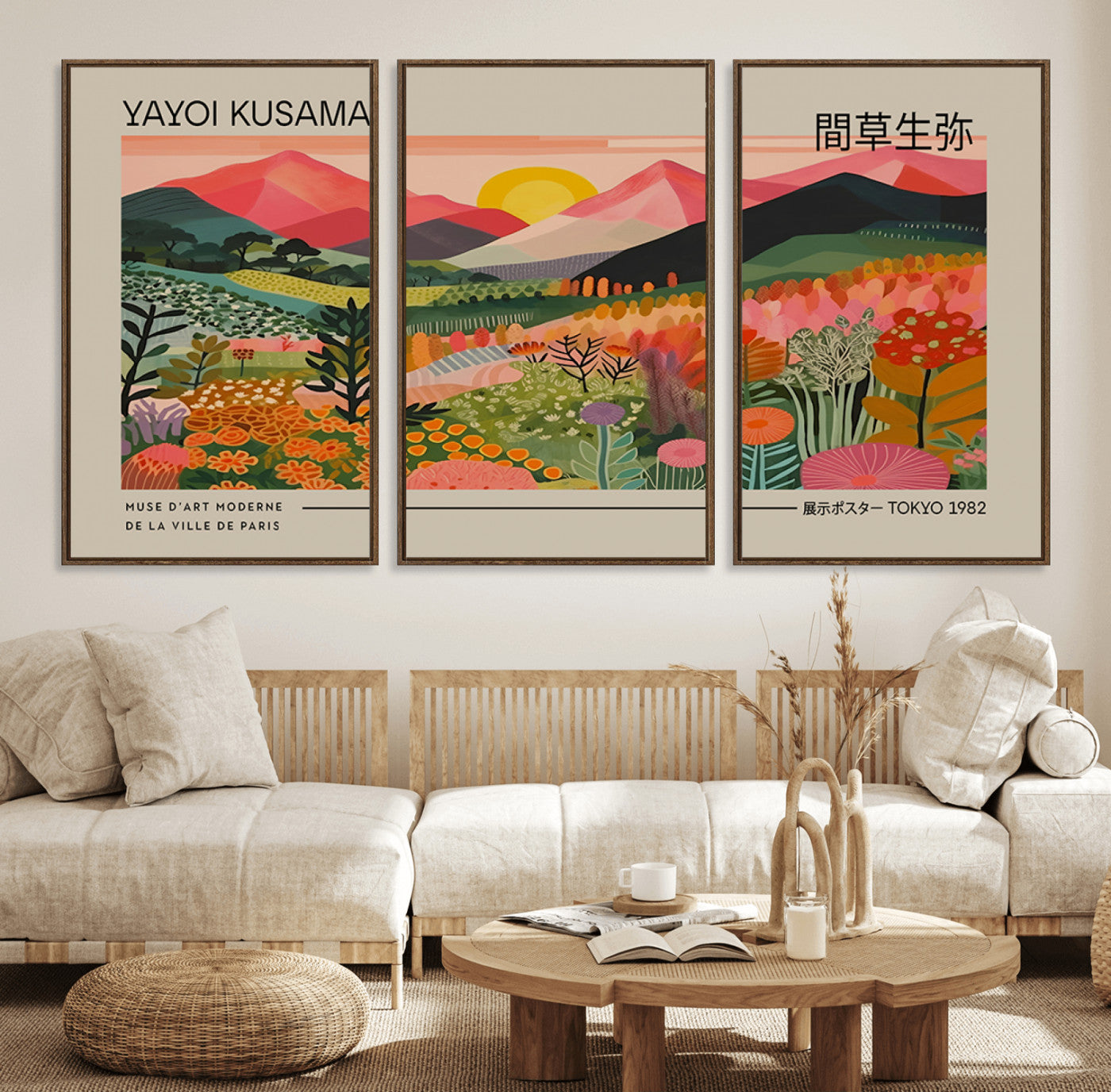 23753-MGV-FC-60X30-3P_Walnut-Yayoi Kusama 1986 Wall Art Print - Wabi Sabi Japanese Wall Art Print - Vibrant Abstract Landscape