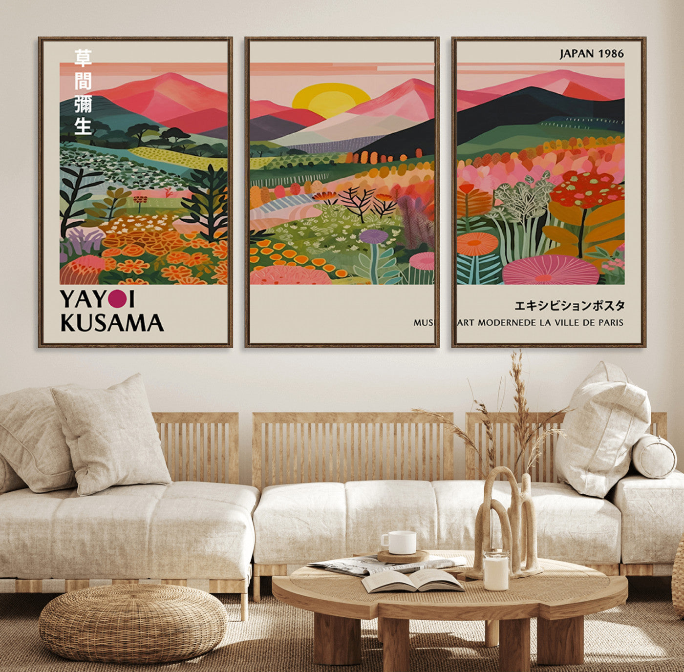 MGV-FC-60X30-3P - Yayoi Kusama Landscape Canvas Print, Vibrant Floral Mountain Art Print, Framed Botanical Wall Art -