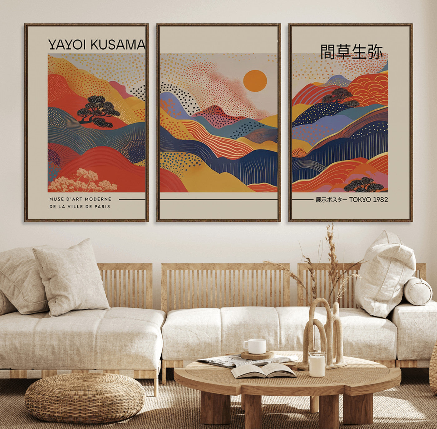 87627-MGV-FC-60X30-3P_Walnut-Yayoi Kusama Landscape Canvas Print, Vibrant Floral Mountain Art Print, Botanical Flower Nature