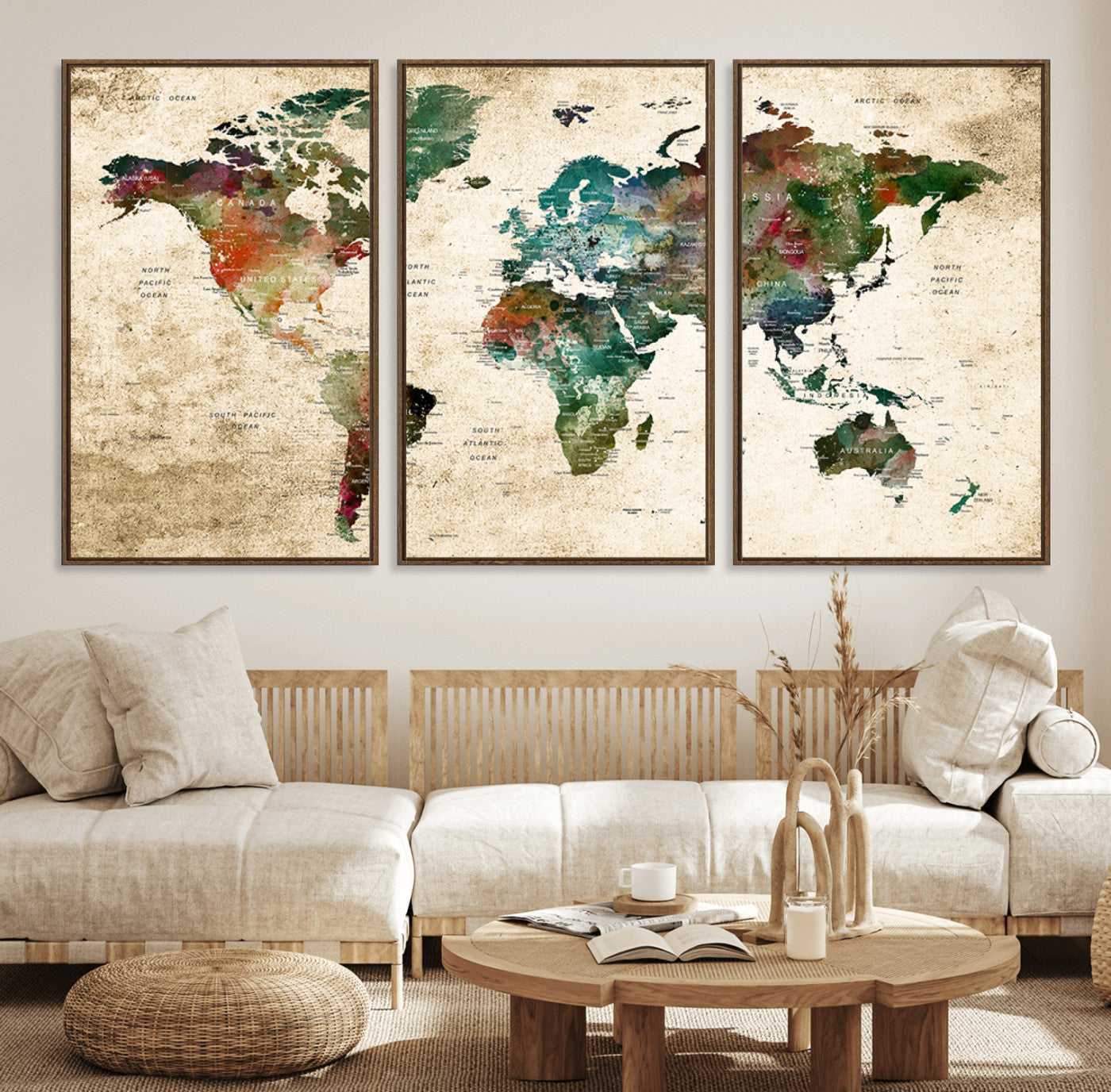 45128-MGV-FC-60X30-3P_Walnut-Push Pin World Map Canvas Print – Framed Travel Tracker Wall Art for Couples, Perfect Anniversary Gift and Home Decor
