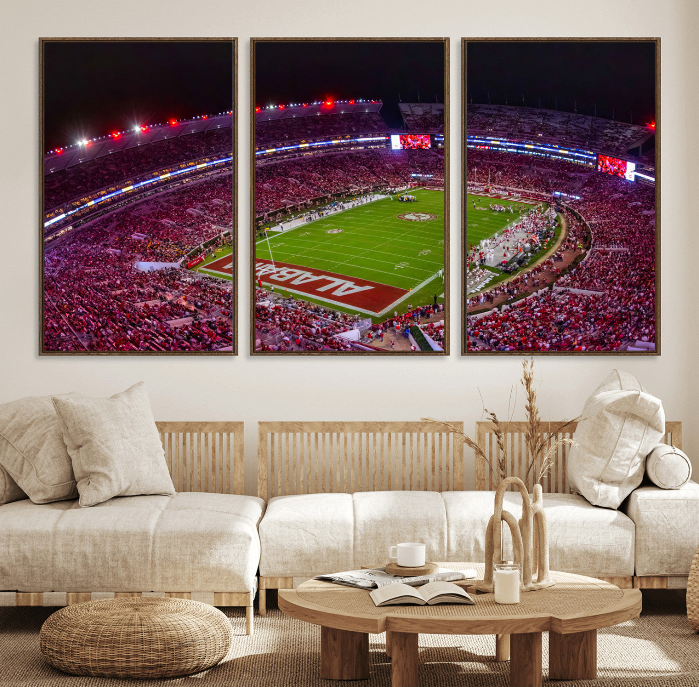 11343-MGV-FC-60X30-3P_Walnut-Bryant-Denny Stadium Night Game Triple Canvas Wall Art - Alabama Crimson Tide Football Match