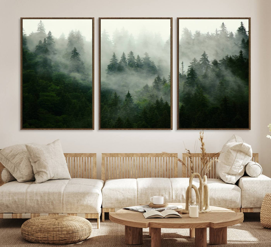 Misty Forest Mountain Wall Art: A 3-panel foggy landscape canvas print, ideal for enhancing home decor with natures beauty.