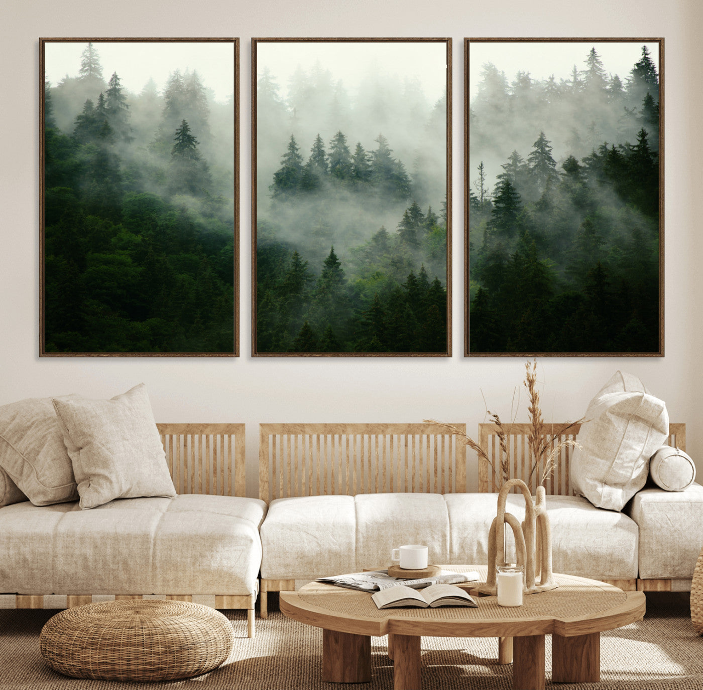 MGV-FC-60X30-3P - Misty Forest Mountain Wall Art Canvas  | Large 3-Panel Foggy Landscape Canvas Print | Nature Misty