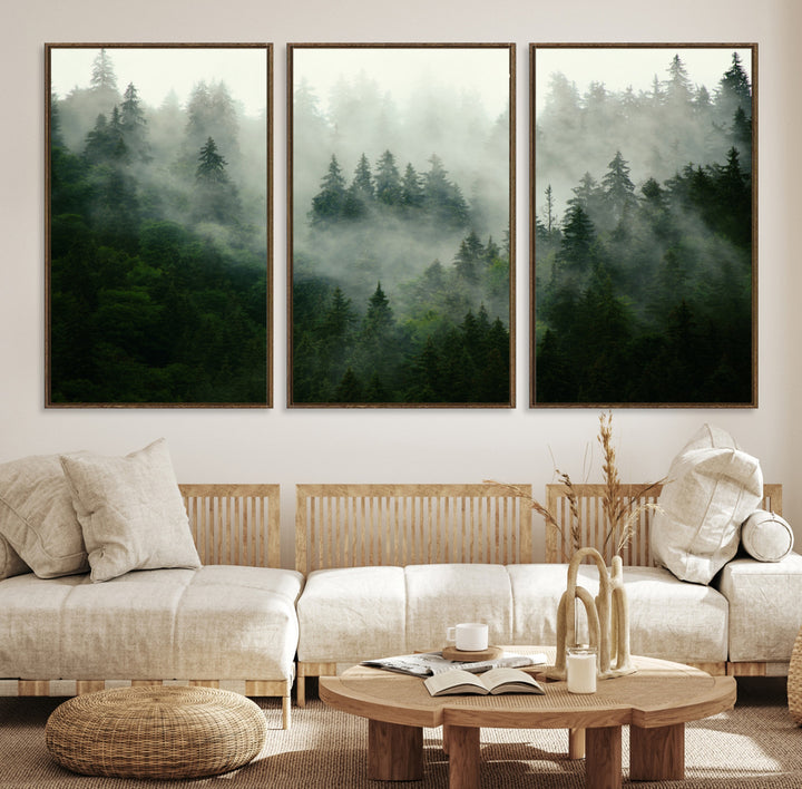 Misty Forest Wall Art Canvas Print - Foggy Forest Landscape Canvas Wall Art – Serene Triptych Nature Print – Woodland Landscape Decor