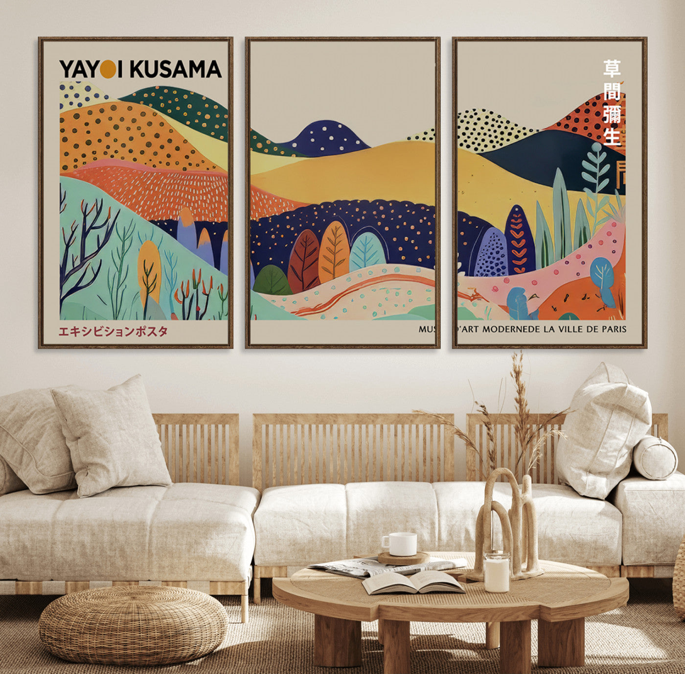 MGV-FC-60X30-3P - Framed Yayoi Kusama 1986 Wall Art Print – Japanese Wall Art Print, Wabi Sabi Yayoi Kusama Print -