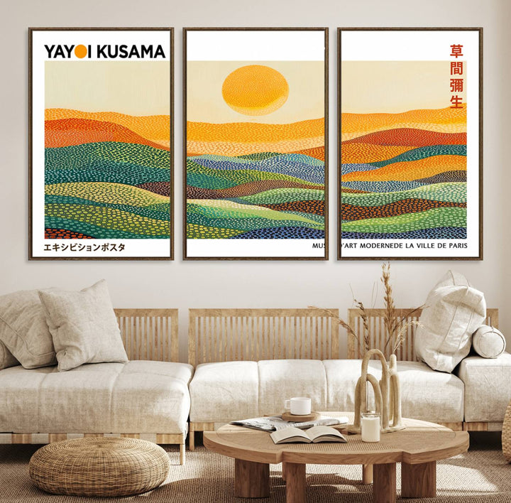 Framed Yayoi Kusama 1986 Wall Art: A vibrant abstract landscape featuring Wabi Sabi hills and a sun, created by the Japanese artist.