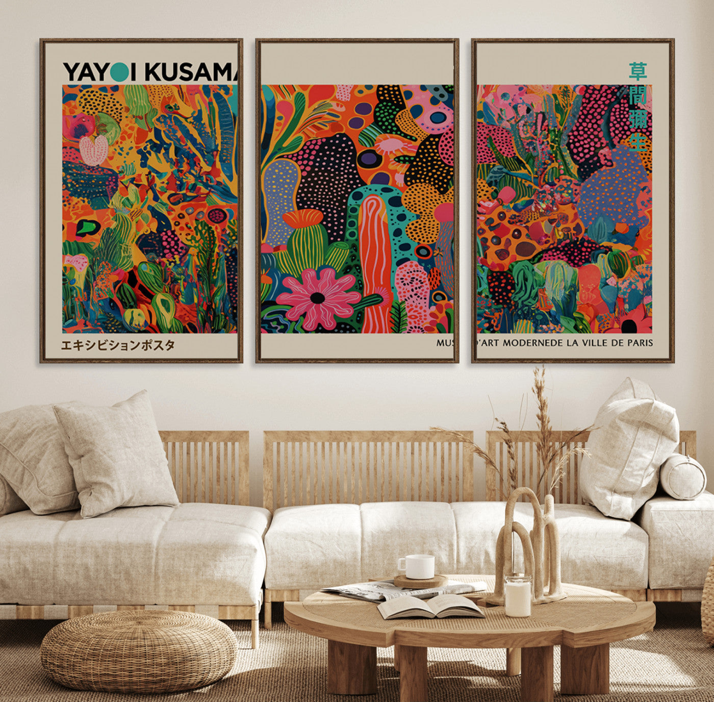 MGV-FC-60X30-3P - Framed Yayoi Kusama 1986 Wall Art Print – Japanese Wall Art Print, Wabi Sabi Yayoi Kusama Print -