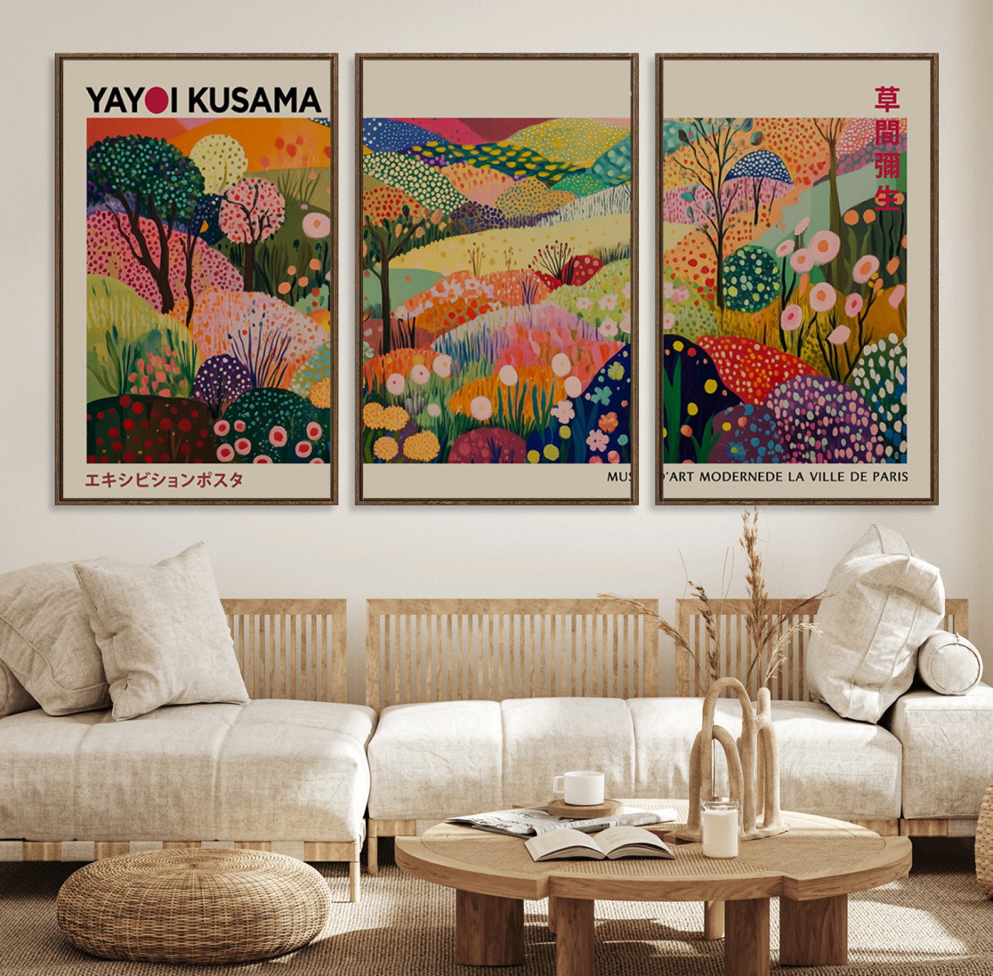98921-MGV-FC-60X30-3P_Walnut-Framed Yayoi Kusama 1986 Wall Art Print – Japanese Wall Art Print, Wabi Sabi Yayoi Kusama Print -