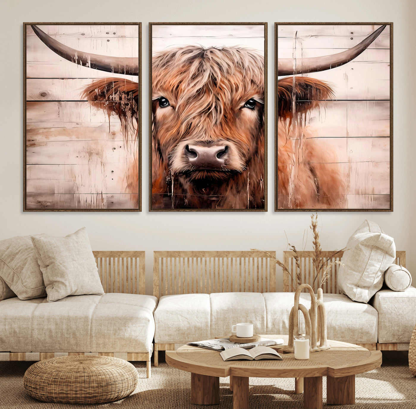93730-MGV-FC-60X30-3P_Walnut-Vintage Scottish Highland Cow Cattle Art Print Farmhouse Wall Art Canvas Print