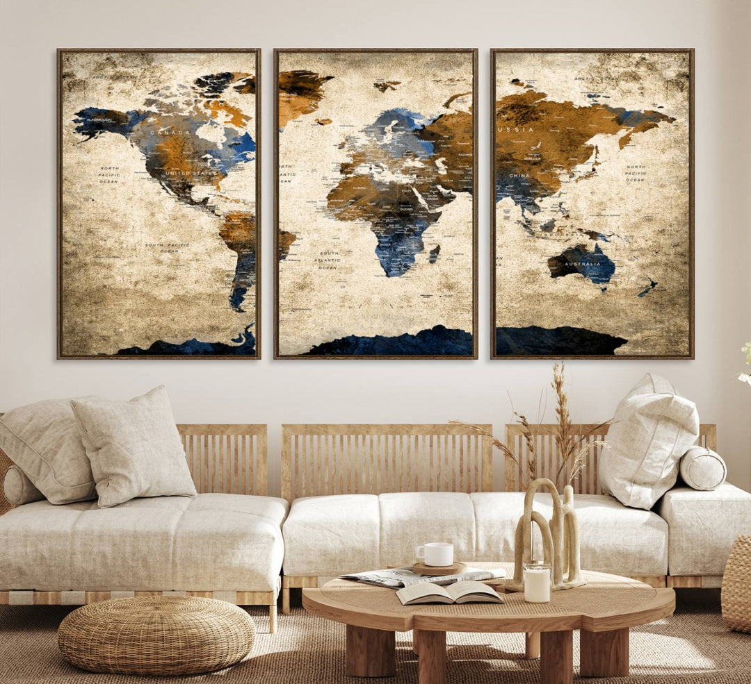 A Vintage World Map Canvas featuring brown, blue, and white on a textured background. Ideal for wall art in living rooms or offices.