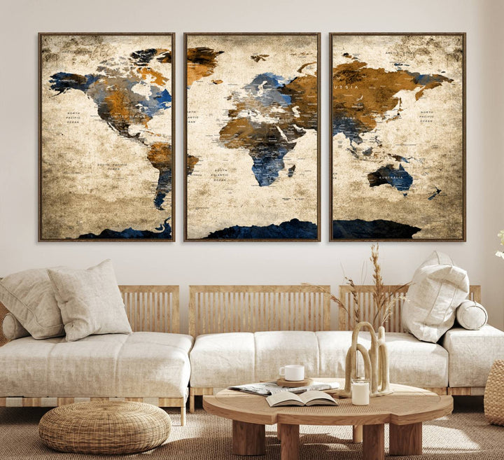 A Vintage World Map Canvas featuring brown, blue, and white on a textured background. Ideal for wall art in living rooms or offices.