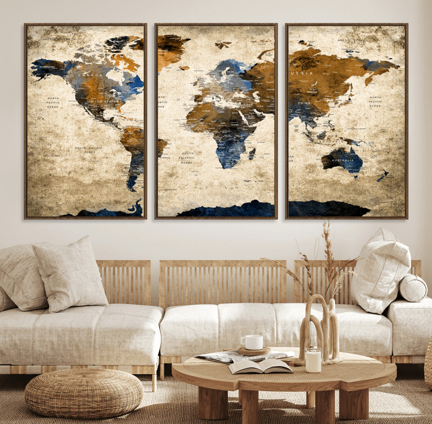 51140-MGV-FC-60X30-3P_Walnut-World Map Wall Art – Antique Style Blue and Brown Map Canvas Print, Classic Travel Wall Decor for Home Office or Study Room