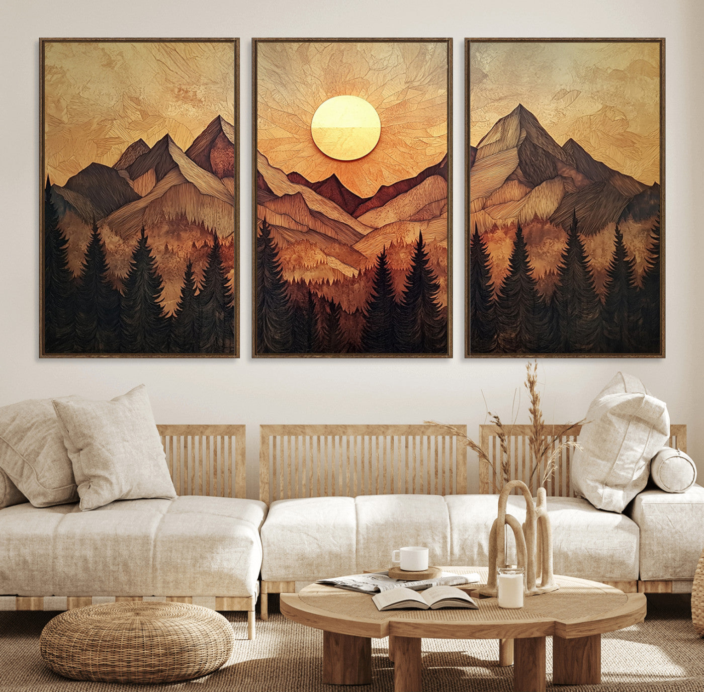MGV-FC-60X30-3P - Wood Style Abstract Mountain Sunset Canvas Wall Art Print - Warm Earth Nature-Inspired Decor for