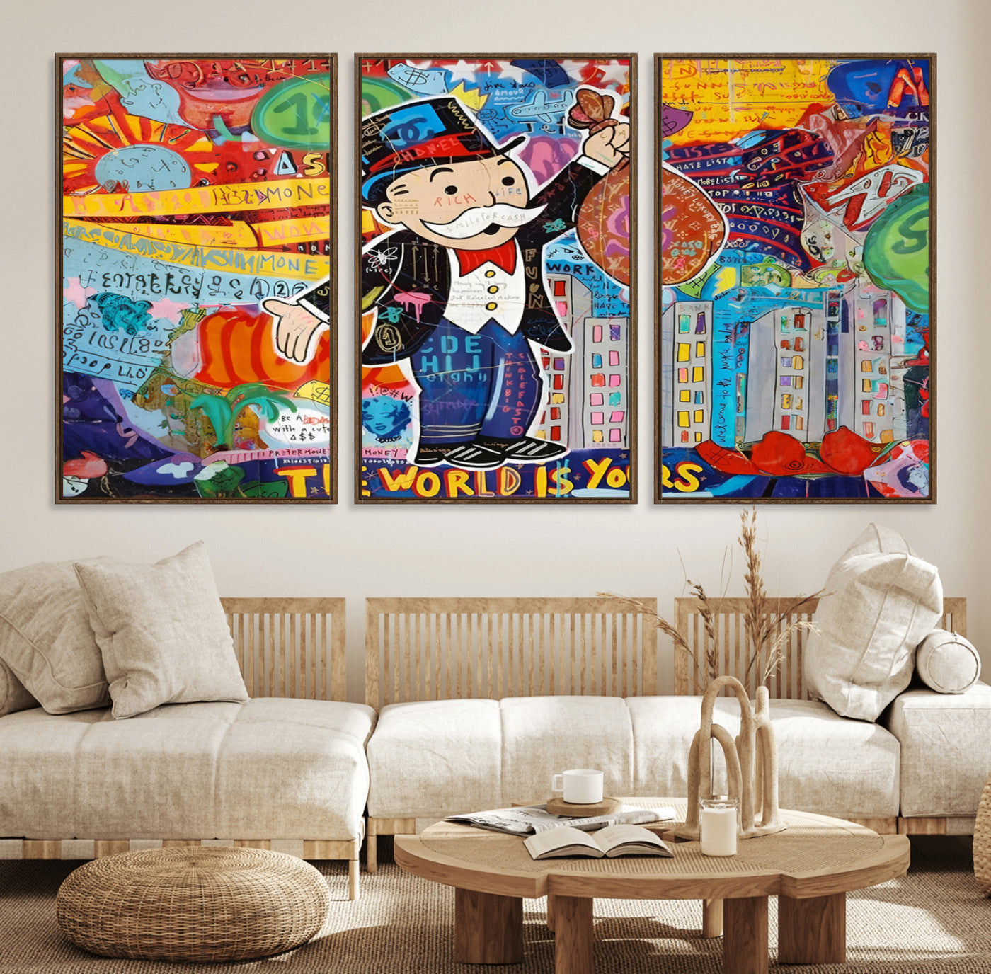 96320-MGV-FC-60X30-3P_Walnut-Pop Art Monopoly Man Canvas Wall Art Print - Bold and Colorful Street Art-Inspired Decor for Living