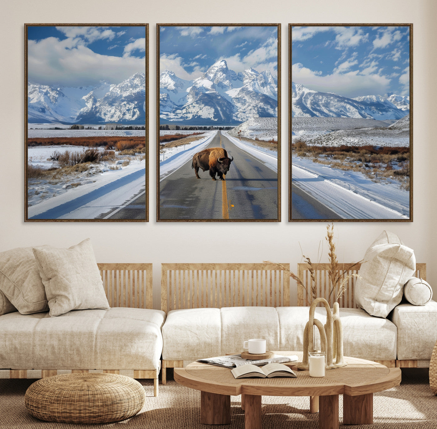 A powerful bison stands on a snow-dusted road beneath the towering peaks of the Grand Tetons, capturing the untamed beauty of America's winter wilderness.