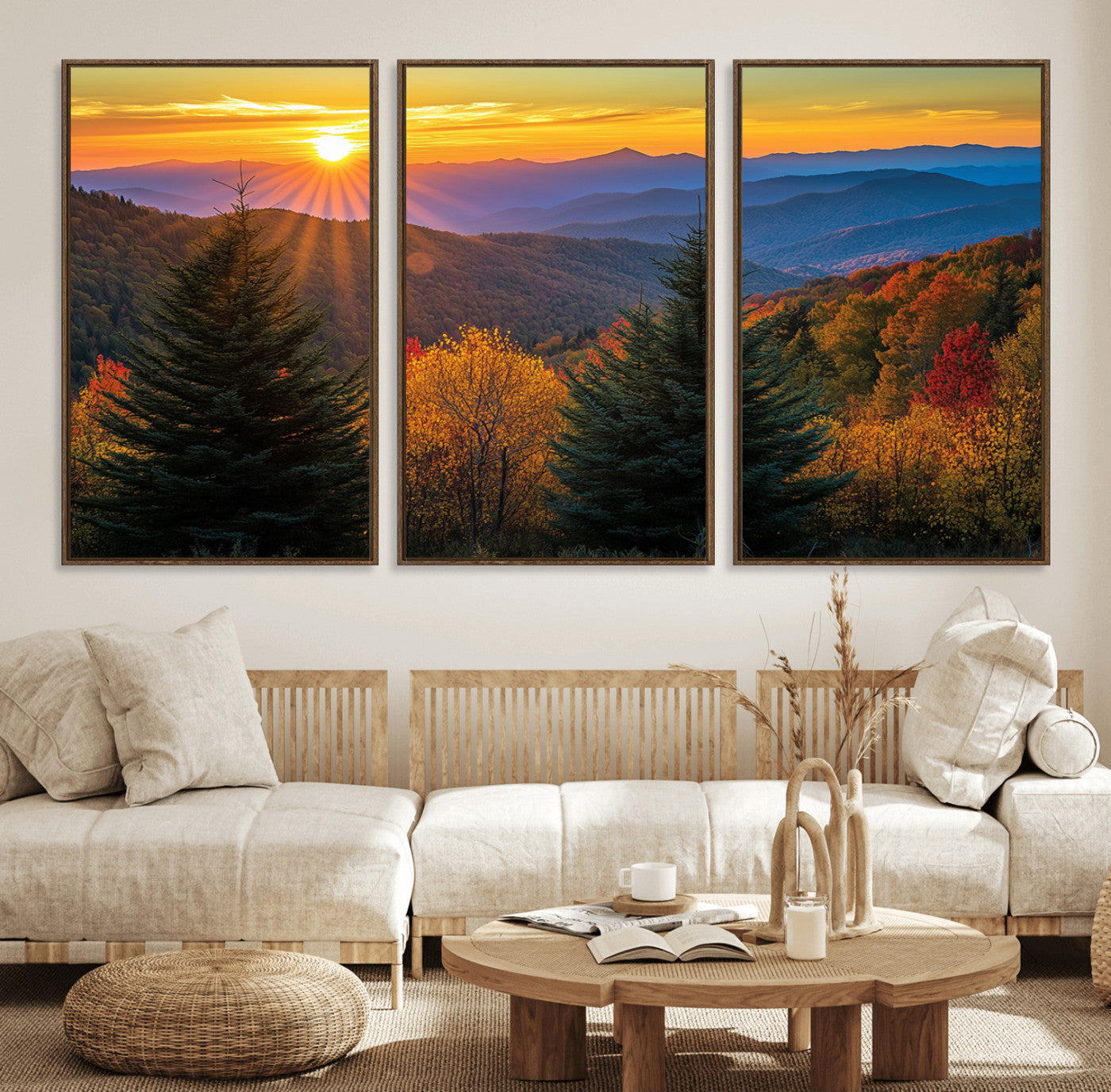 MGV-FC-60X30-3P - Golden Sunset Over Mountain Forest Canvas Wall Art Print - Warm Nature-Inspired Landscape for Living