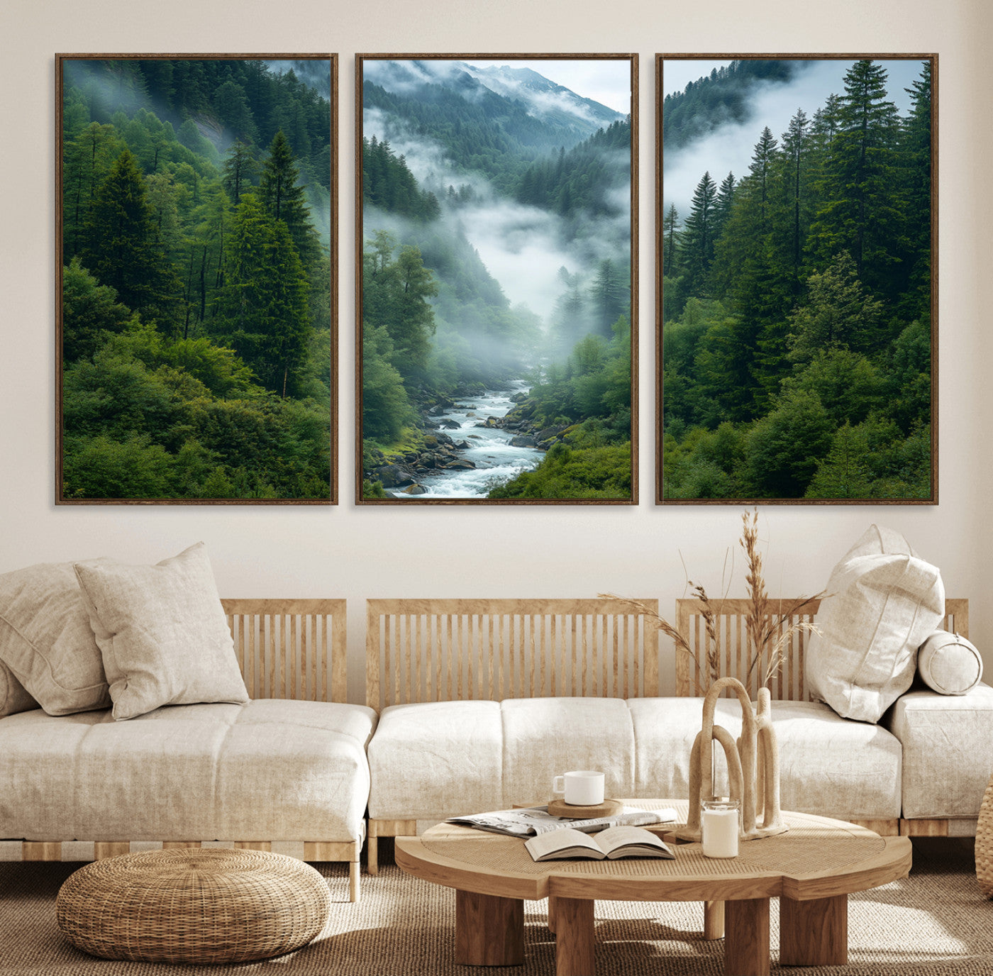 69453-MGV-FC-60X30-3P_Walnut-Mountain Forest River Canvas Wall Art Print - Serene Nature Landscape for Living Room, Office, or